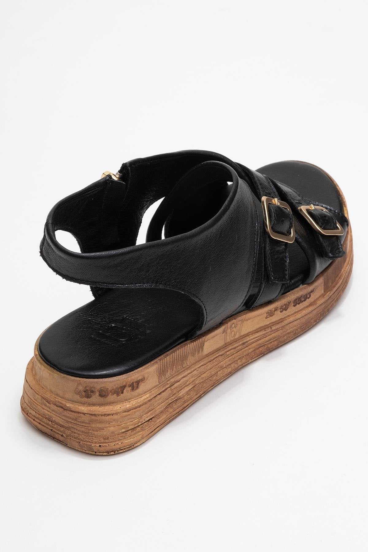 Levine Black Leather Buckled Side-Zip Sandal – back view showing leather, black, red, Vowalisse