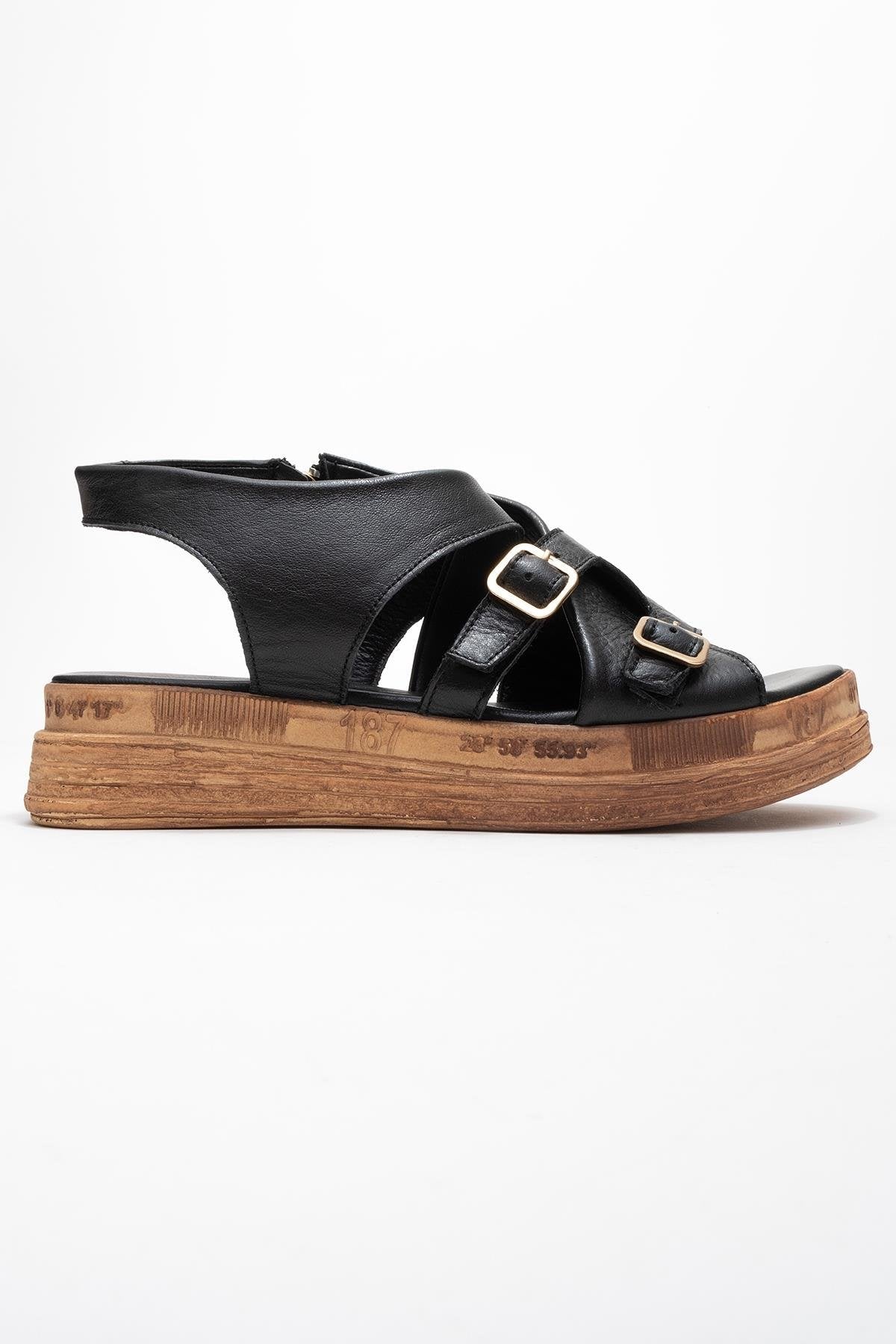 Levine Black Leather Buckled Side-Zip Sandal – top view showing leather, black, red, Vowalisse