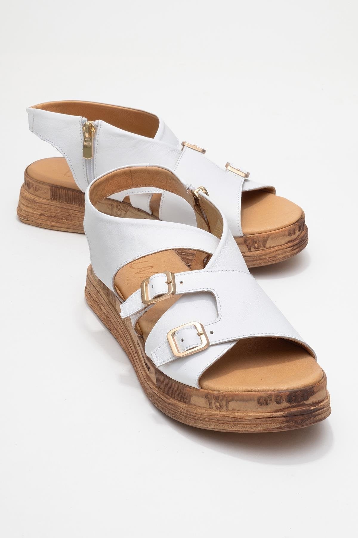 Levine White Leather Buckled Side-Zip Sandal – front three-quarter view showing leather, white, red, Vowalisse