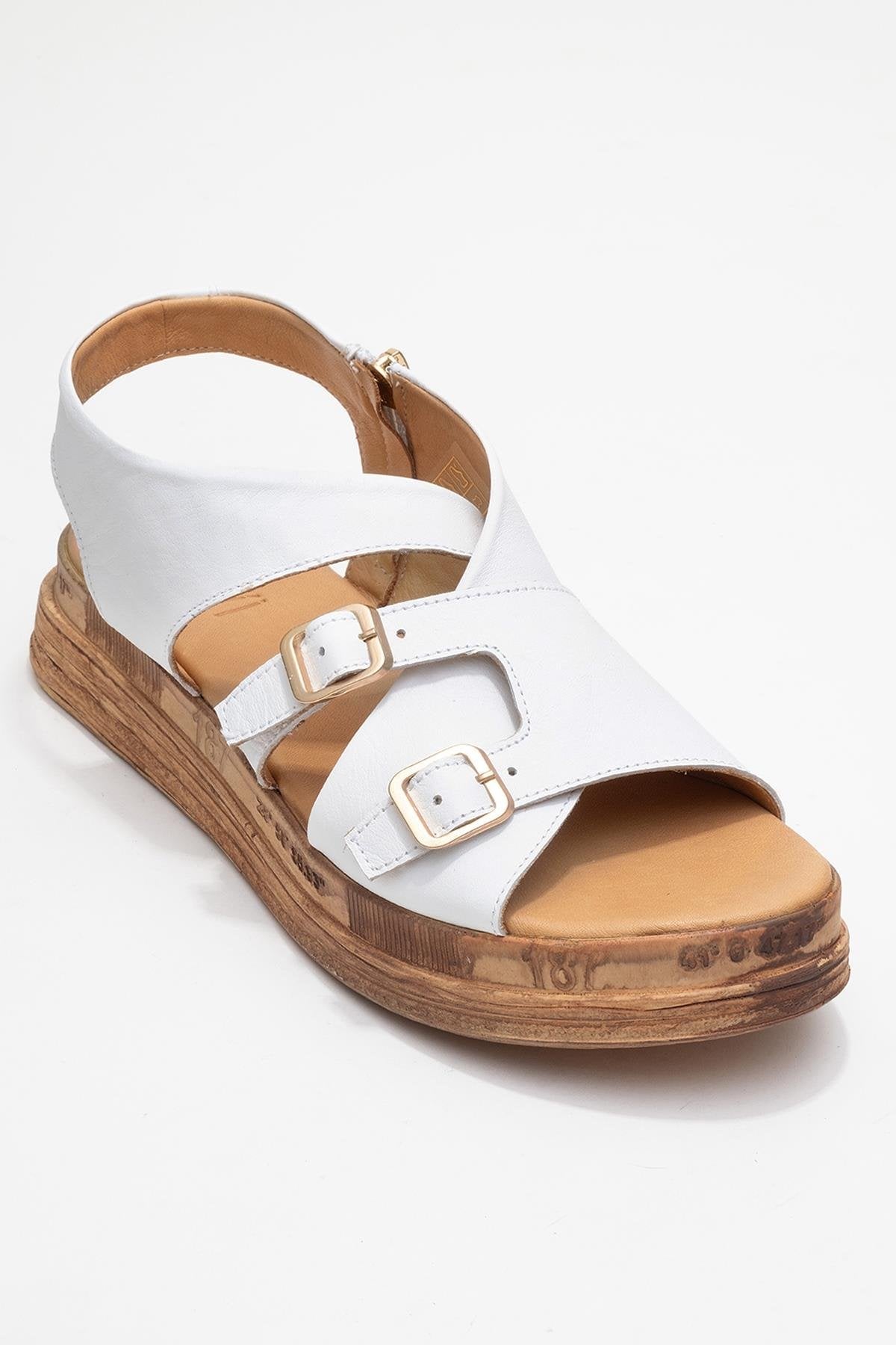 Levine White Leather Buckled Side-Zip Sandal – detail view showing leather, white, red, Vowalisse