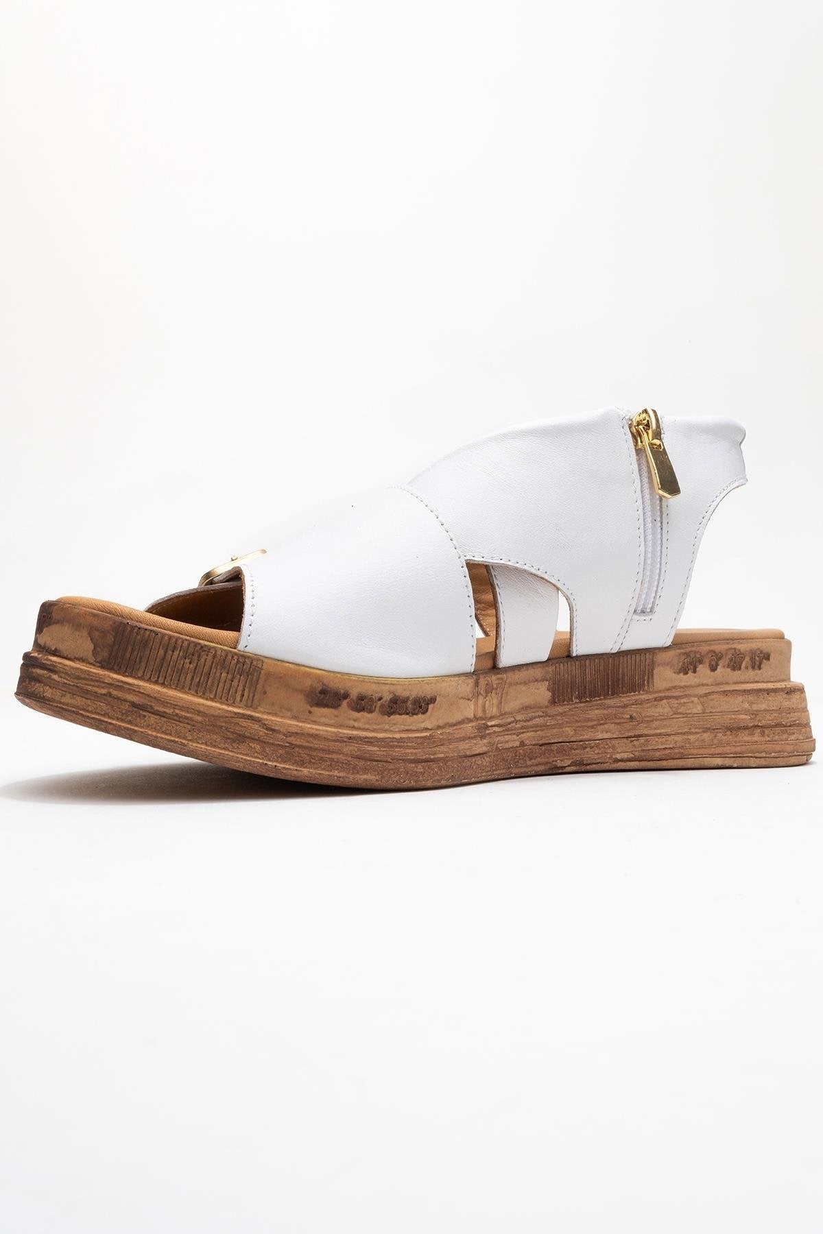 Levine White Leather Buckled Side-Zip Sandal – heel view showing leather, white, red, Vowalisse