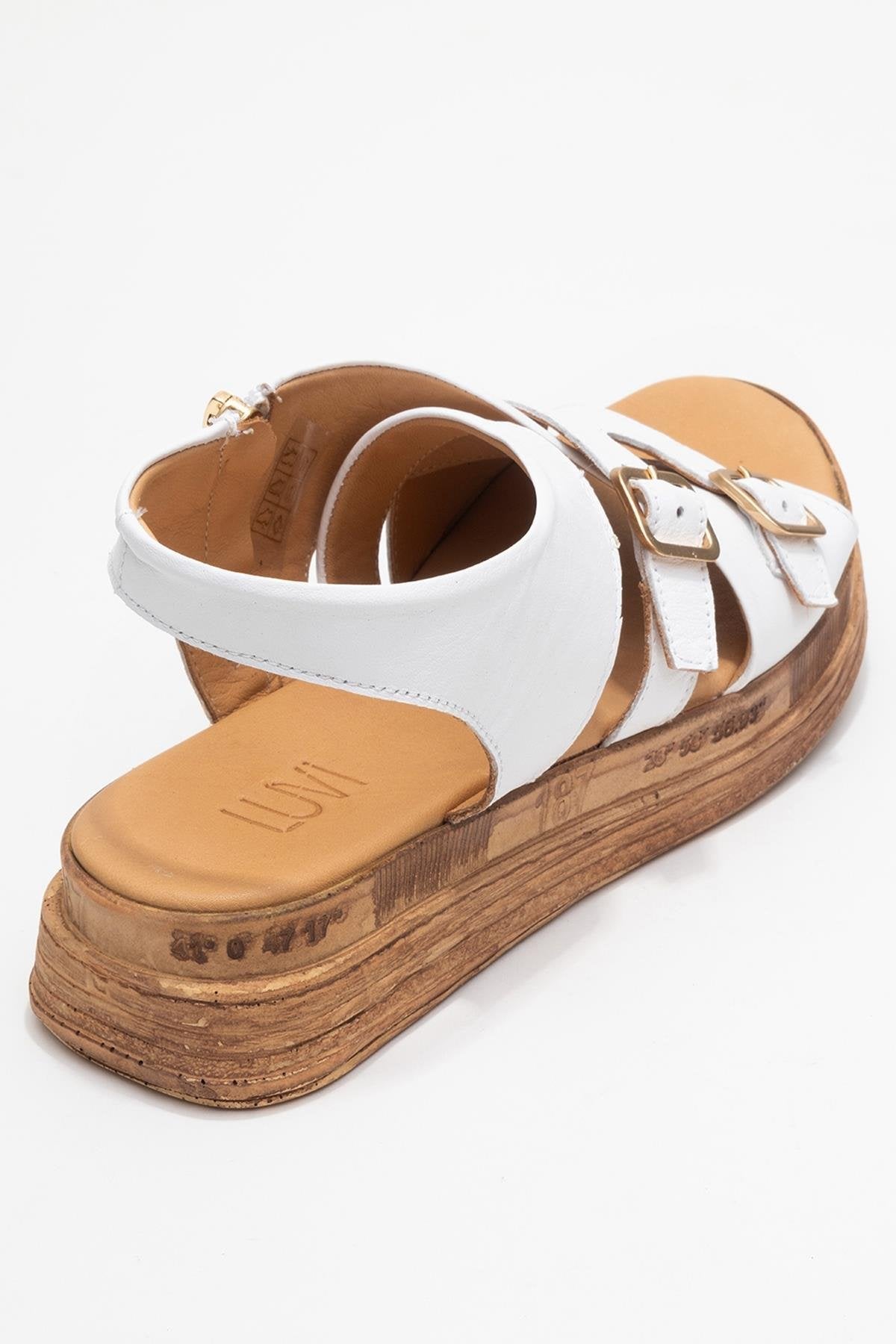 Levine White Leather Buckled Side-Zip Sandal – back view showing leather, white, red, Vowalisse