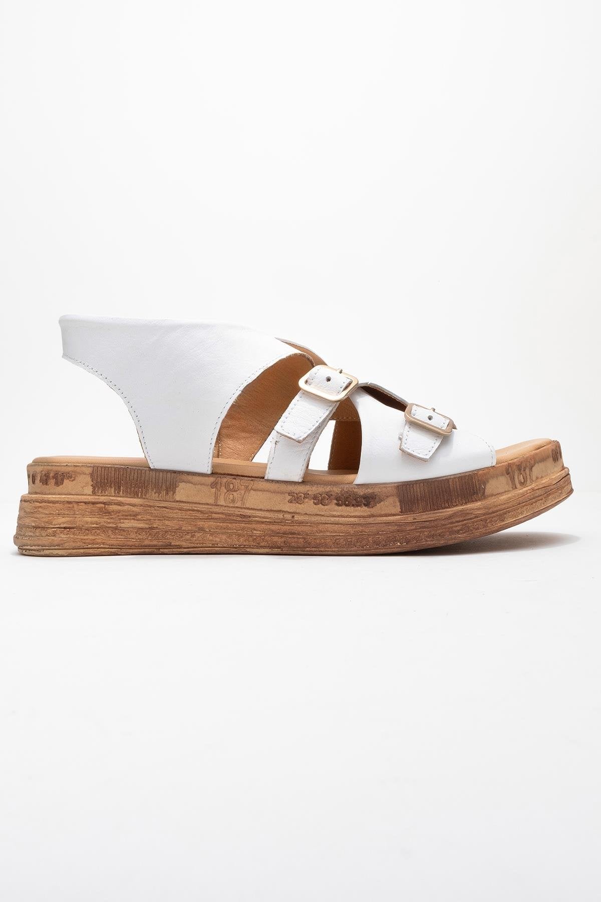 Levine White Leather Buckled Side-Zip Sandal – top view showing leather, white, red, Vowalisse