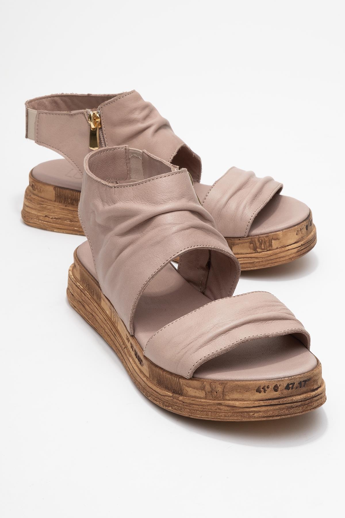 Lunas Stone Leather Side‑Zip Flat Heel Sandal – front three-quarter view showing leather, red, Vowalisse