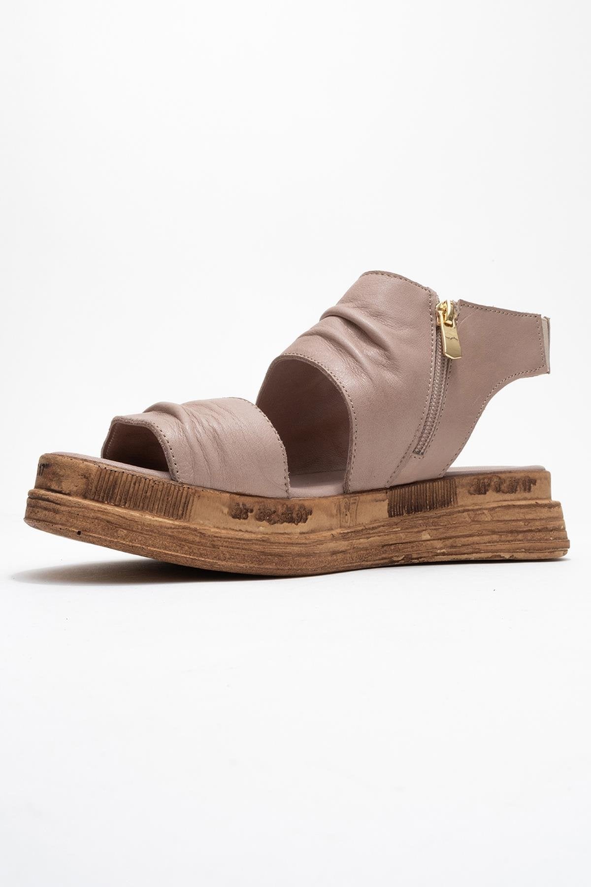 Lunas Stone Leather Side‑Zip Flat Heel Sandal – heel view showing leather, red, Vowalisse