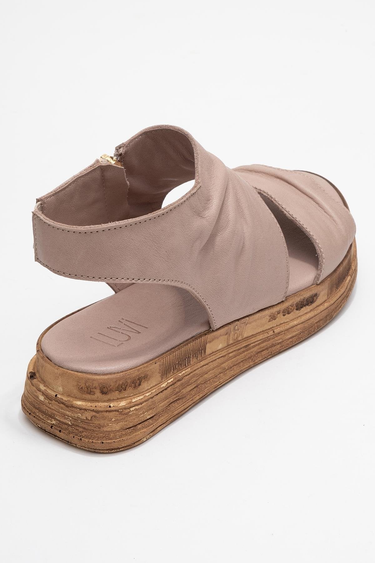 Lunas Stone Leather Side‑Zip Flat Heel Sandal – back view showing leather, red, Vowalisse