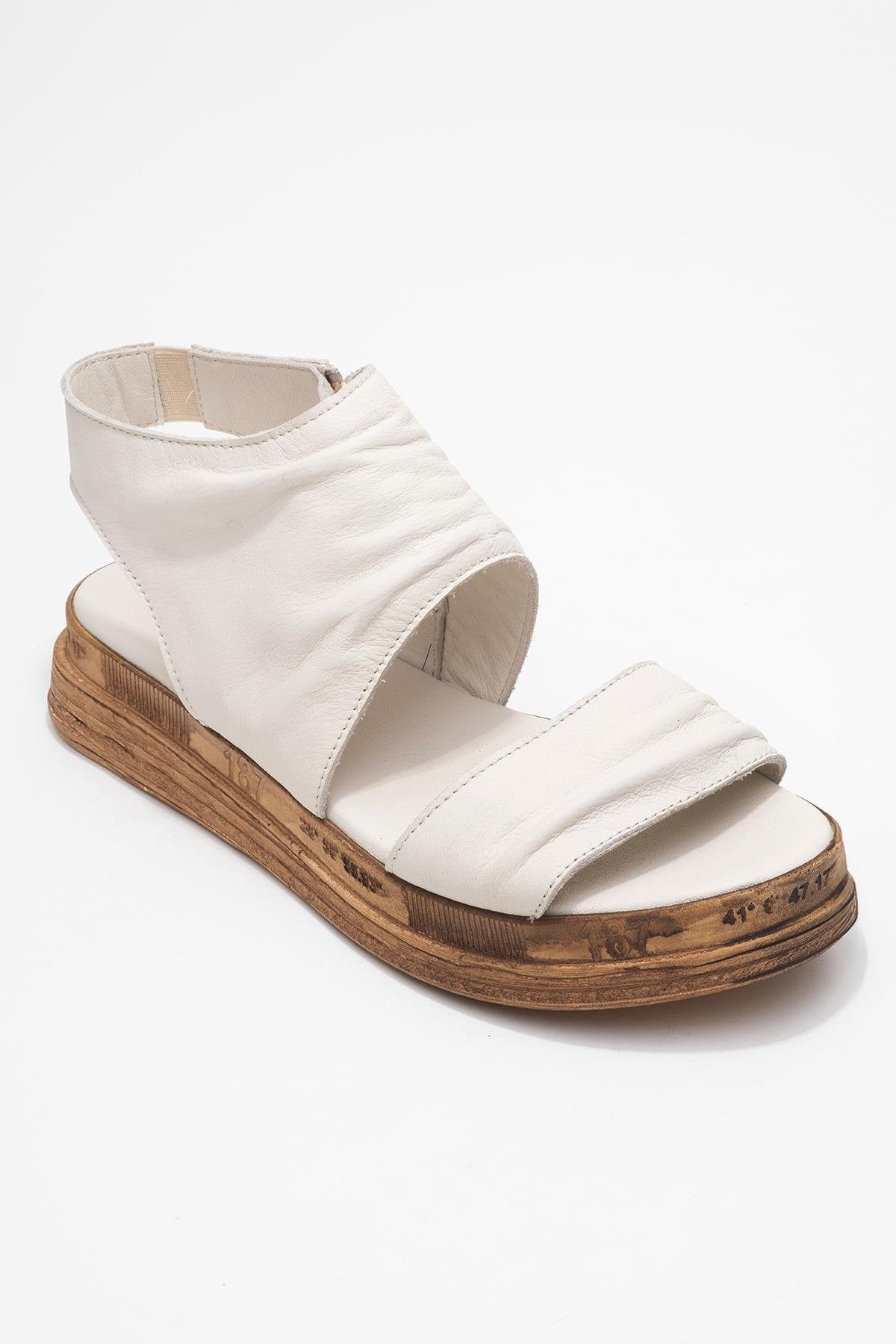 Lunas Cream Leather Side‑Zip Flat Heel Sandal – detail view showing leather, red, Vowalisse