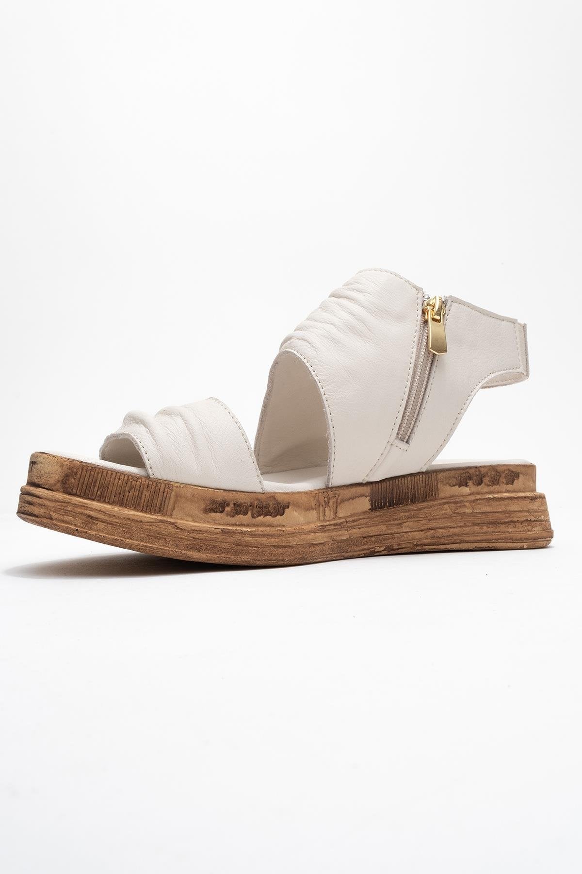 Lunas Cream Leather Side‑Zip Flat Heel Sandal – heel view showing leather, red, Vowalisse