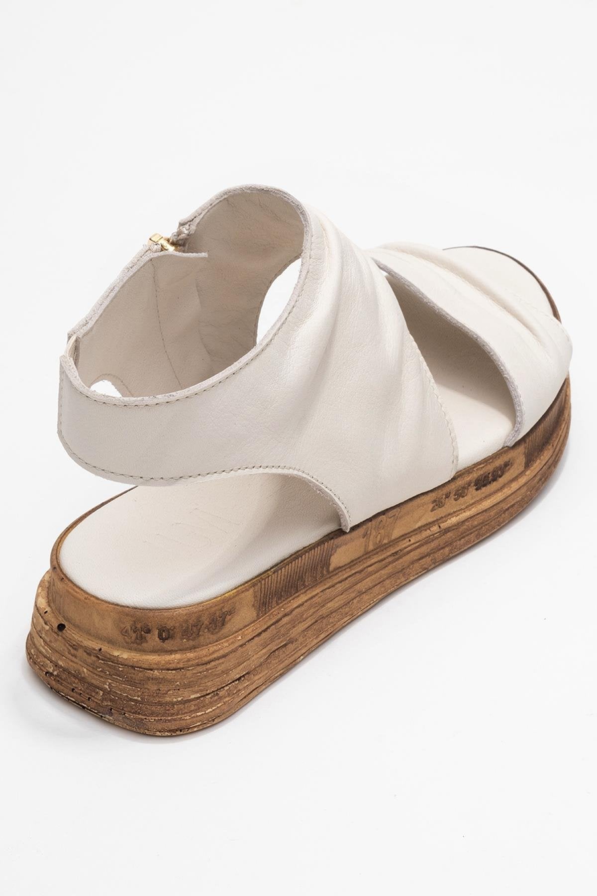 Lunas Cream Leather Side‑Zip Flat Heel Sandal – back view showing leather, red, Vowalisse