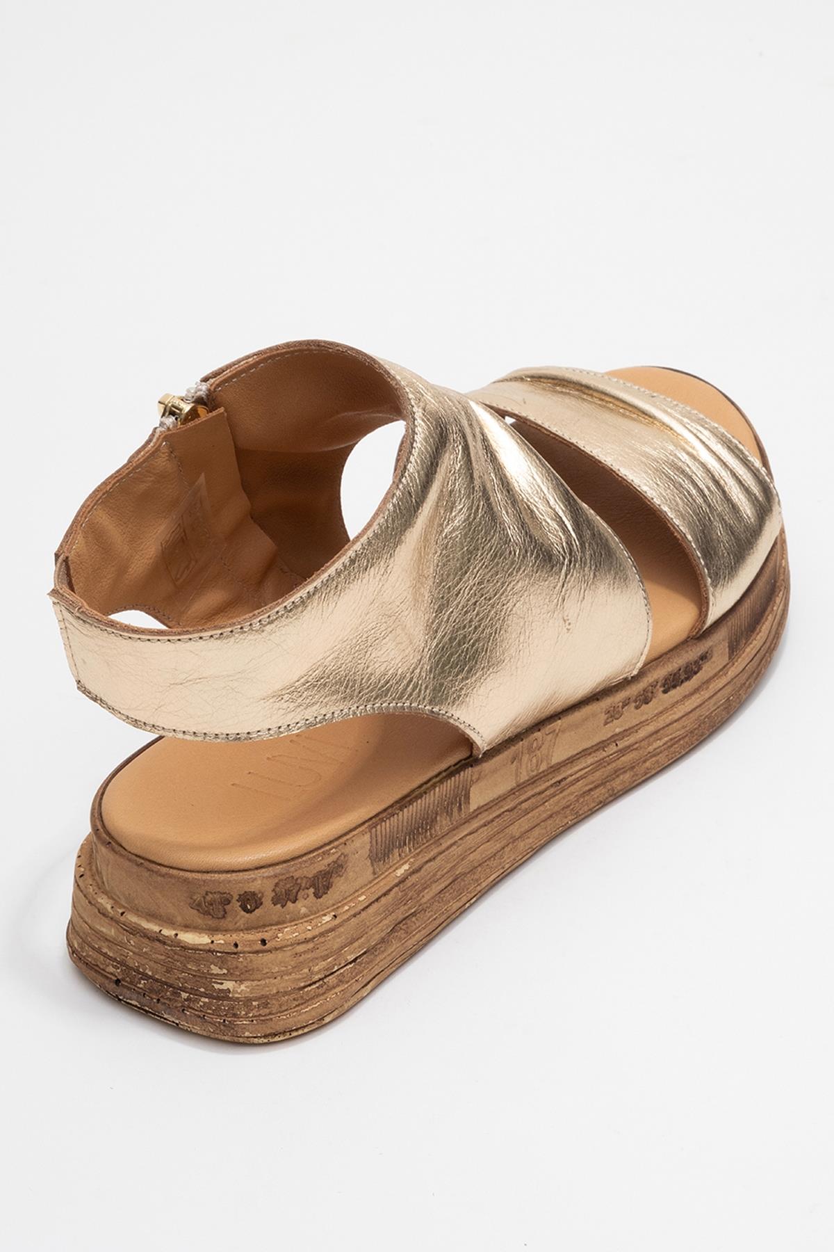 Lunas Gold Leather Side‑Zip Flat Heel Sandal – back view showing leather, gold, red, Vowalisse
