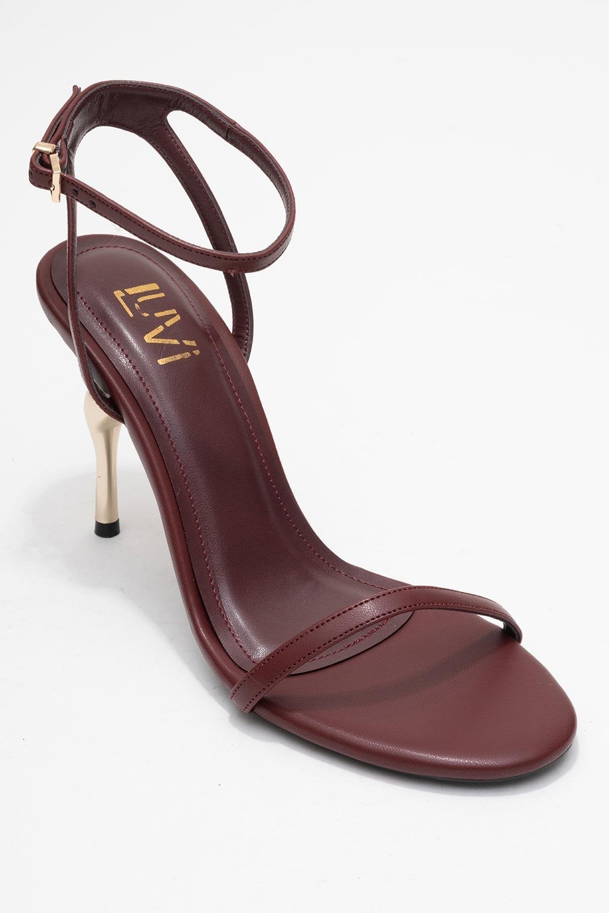 Jasmin - Burgundy Single Strap Heeled Shoe – detail view showing leather, Vowalisse