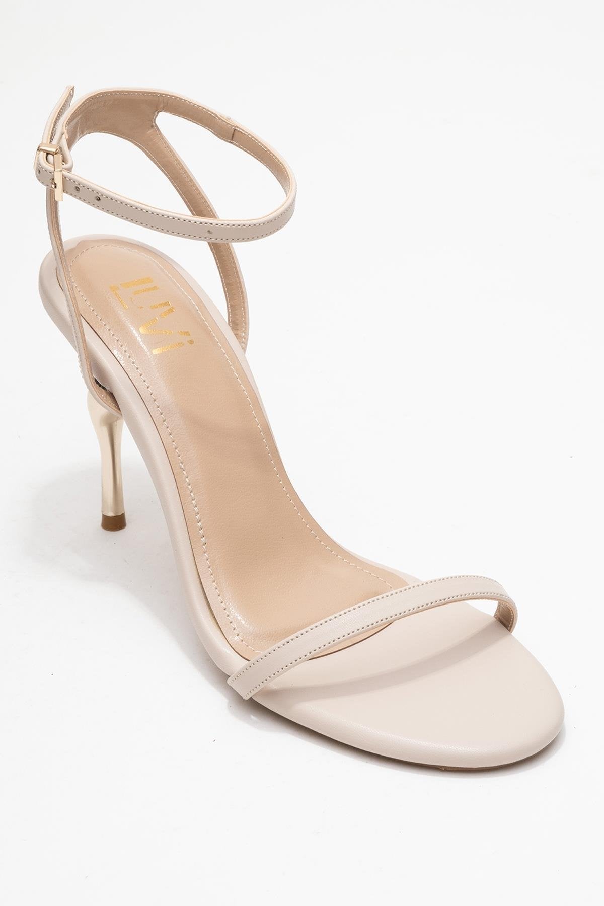 Jasmin - Beige Single-Band Stiletto Heel Shoe – detail view showing leather, Vowalisse