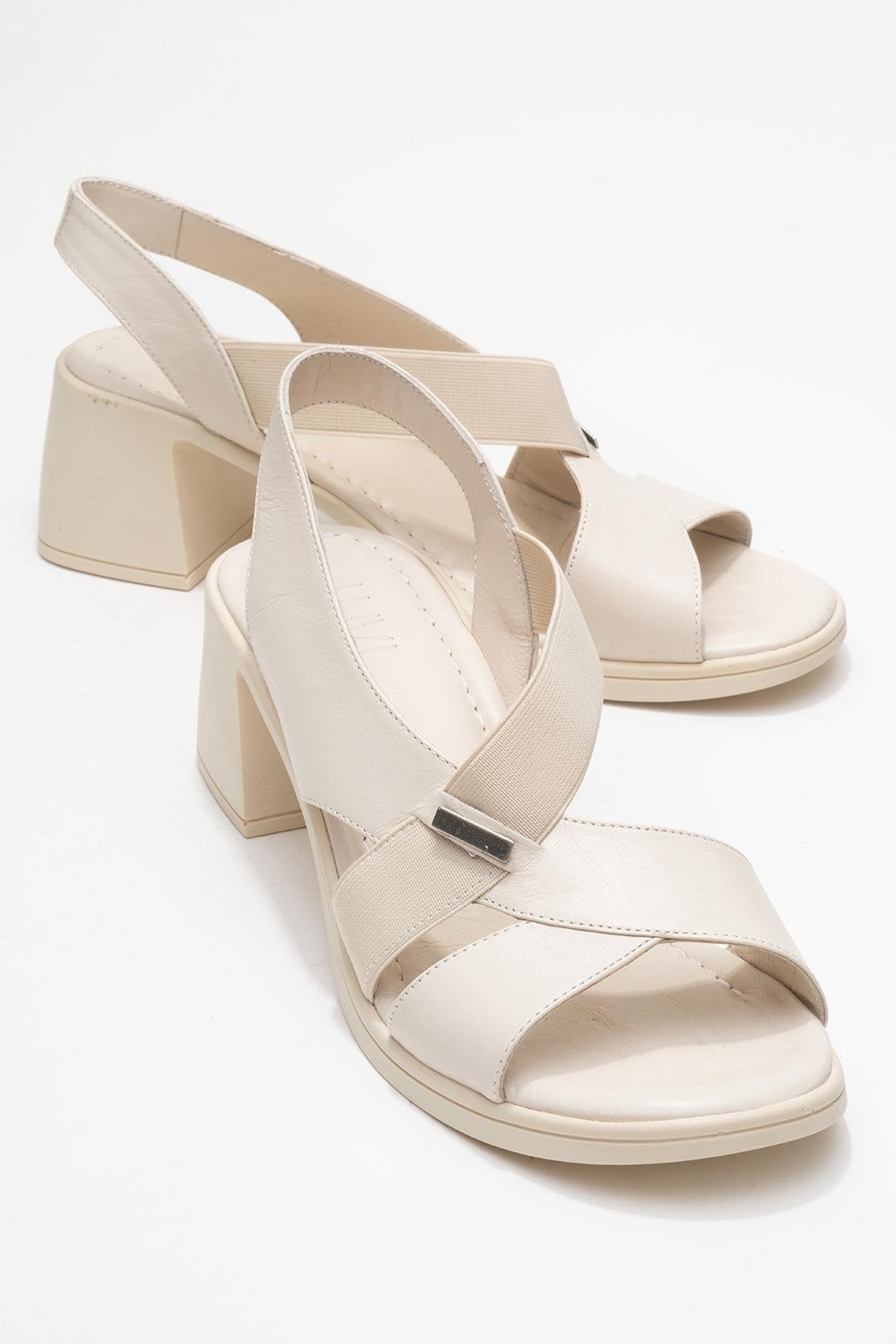 Crina Beige Elasticated Leather Chunky Heel Sandal – front three-quarter view showing leather, red, Vowalisse