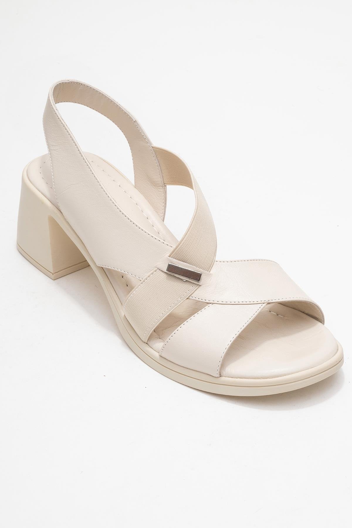 Crina Beige Elasticated Leather Chunky Heel Sandal – detail view showing leather, red, Vowalisse