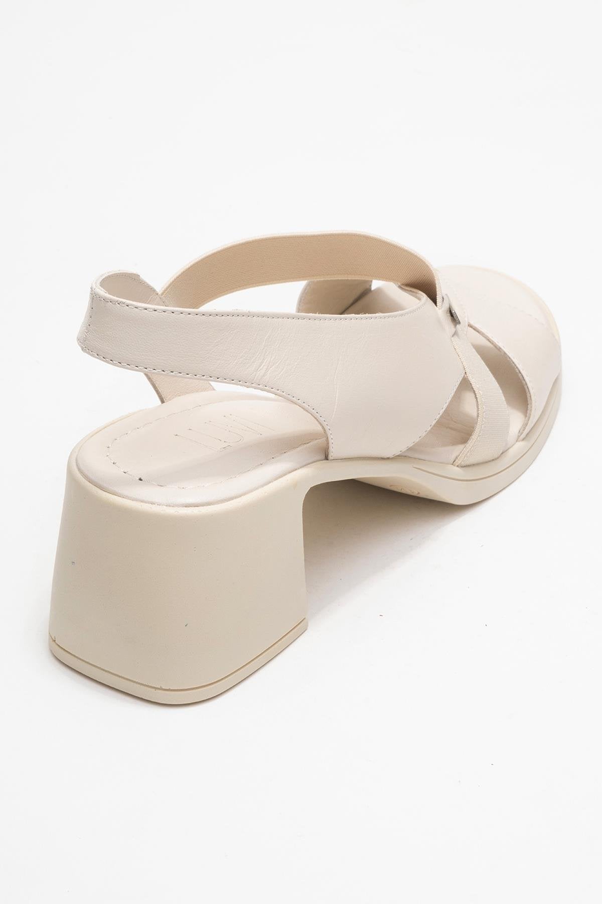 Crina Beige Elasticated Leather Chunky Heel Sandal – back view showing leather, red, Vowalisse