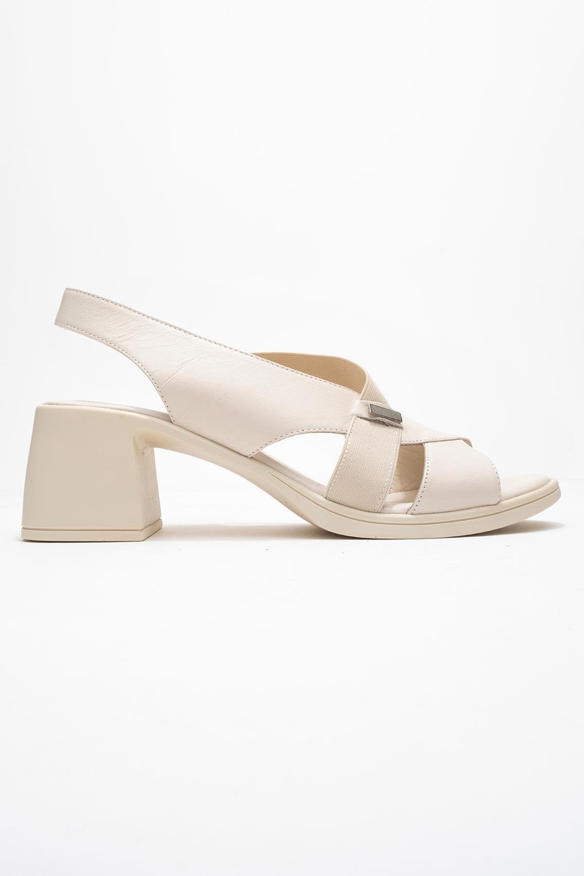 Crina Beige Elasticated Leather Chunky Heel Sandal – top view showing leather, red, Vowalisse