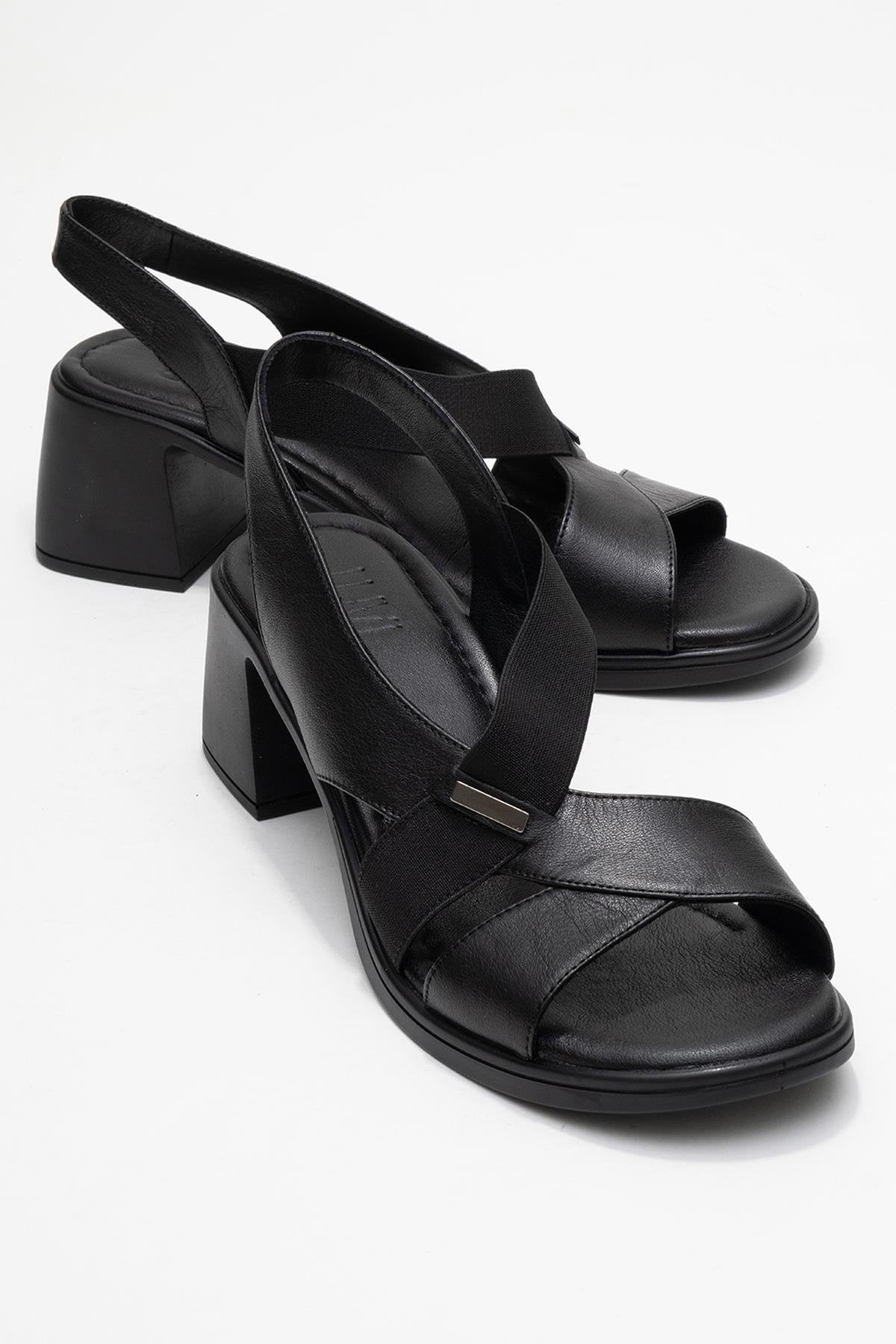 Crina Black Elasticated Leather Chunky Heel Sandal – front three-quarter view showing leather, black, red, Vowalisse