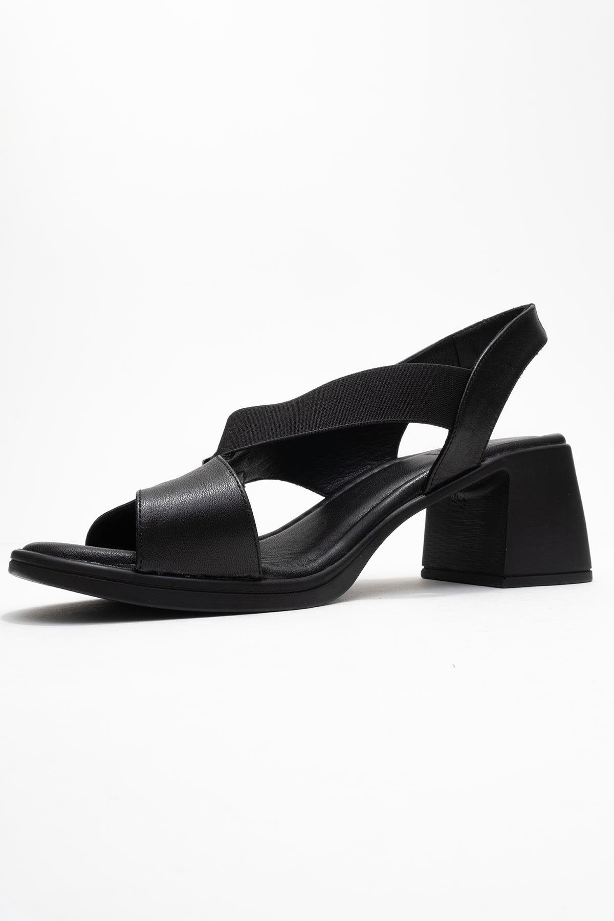 Crina Black Elasticated Leather Chunky Heel Sandal – heel view showing leather, black, red, Vowalisse