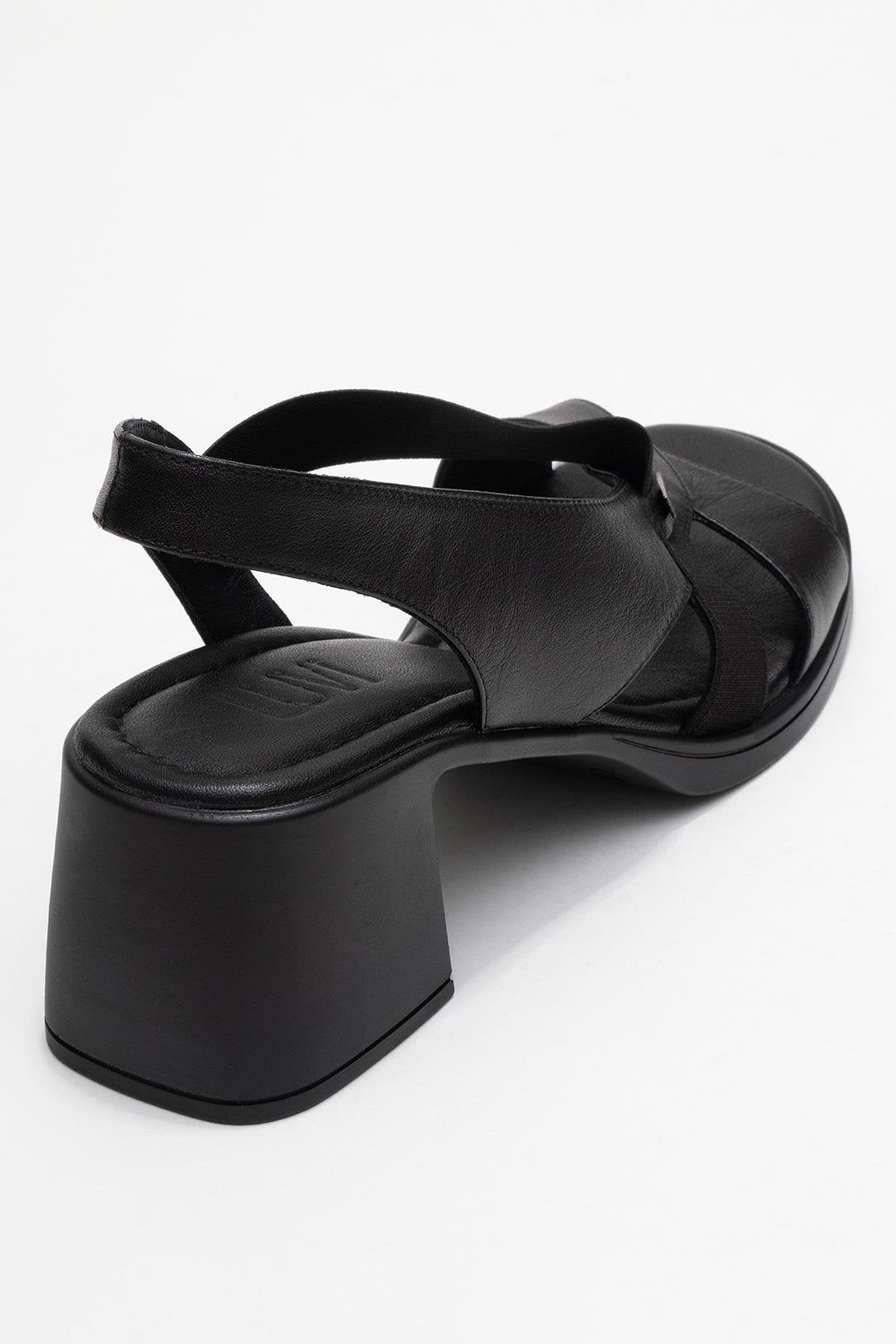 Crina Black Elasticated Leather Chunky Heel Sandal – back view showing leather, black, red, Vowalisse
