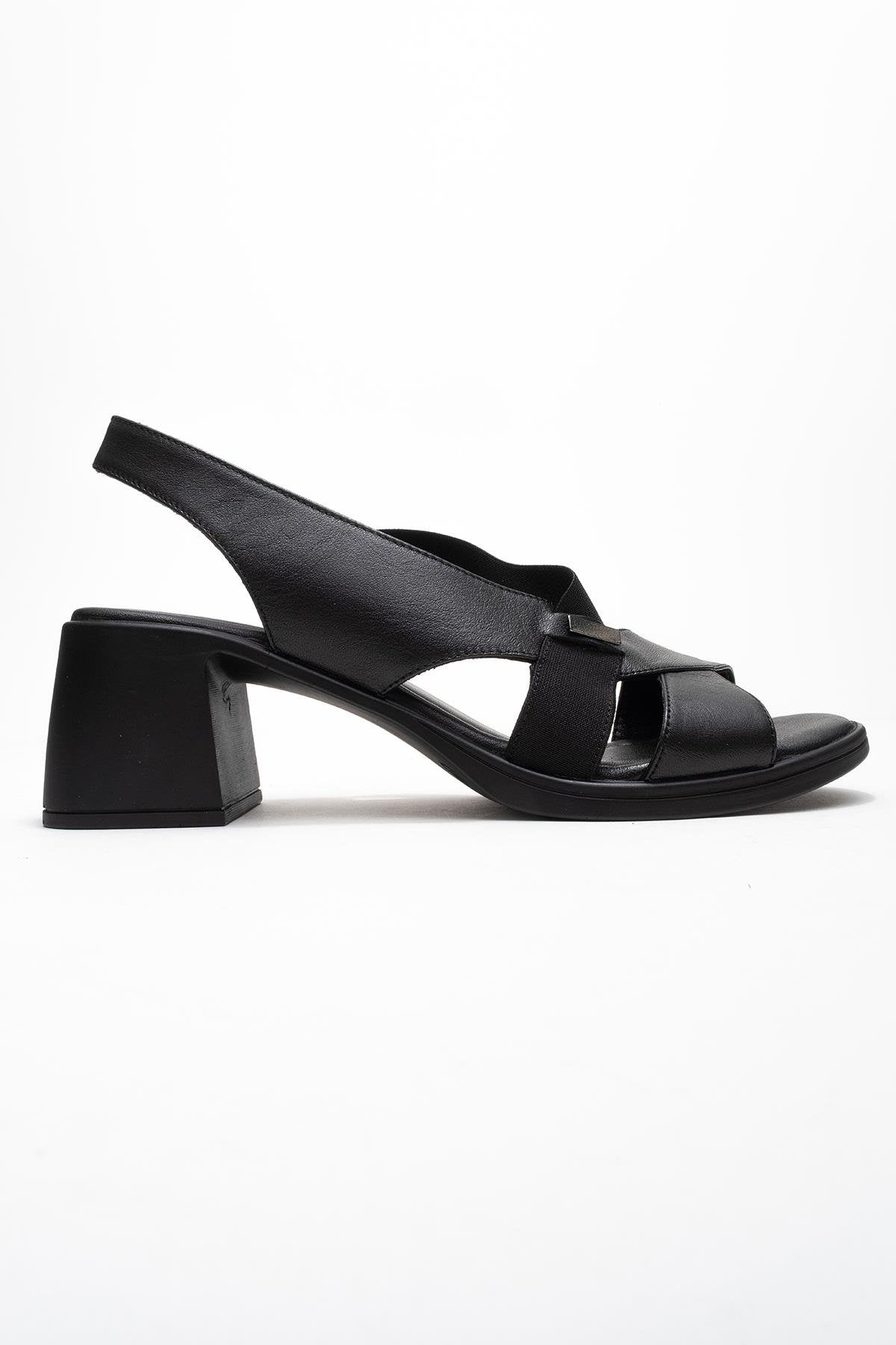 Crina Black Elasticated Leather Chunky Heel Sandal – top view showing leather, black, red, Vowalisse