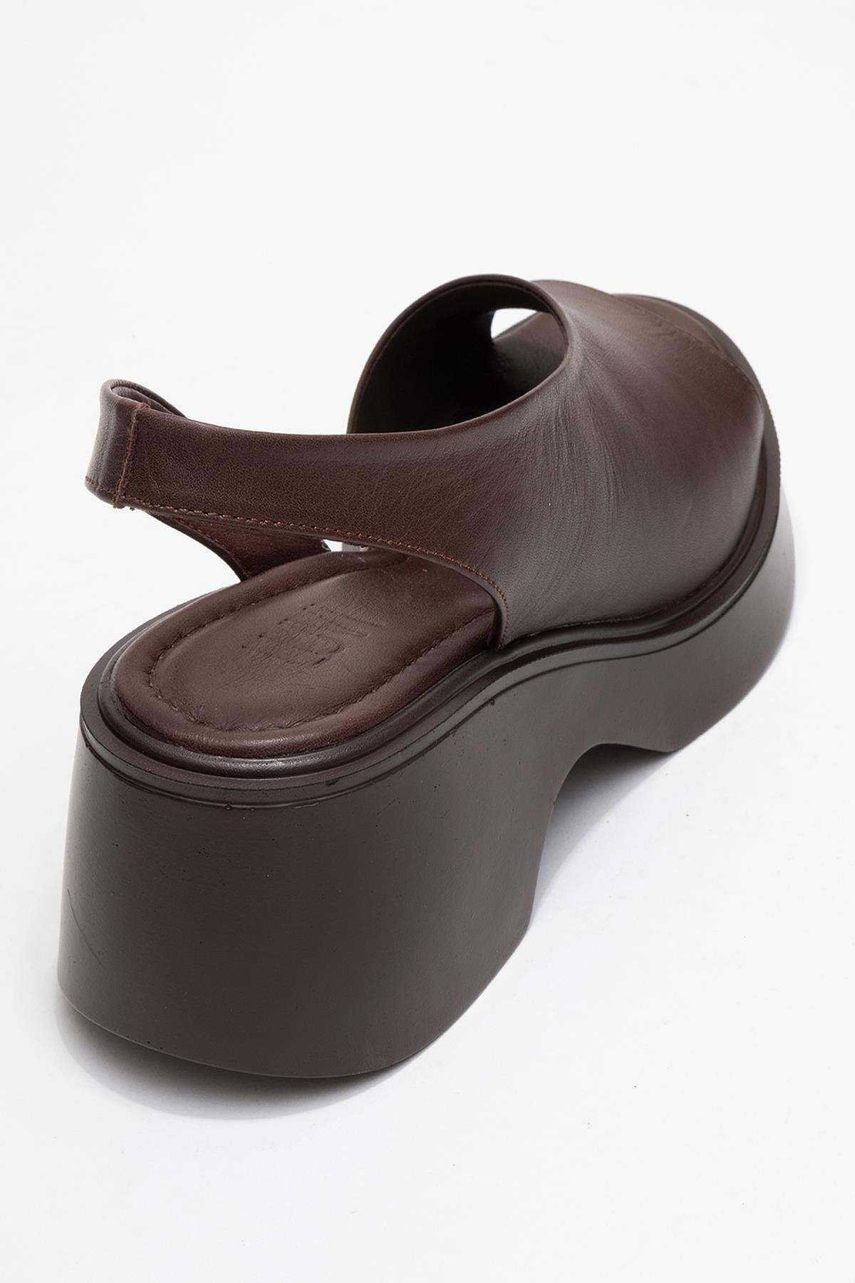 Roy - Cognac Genuine Leather Wedge Sandal – back view showing leather, Vowalisse