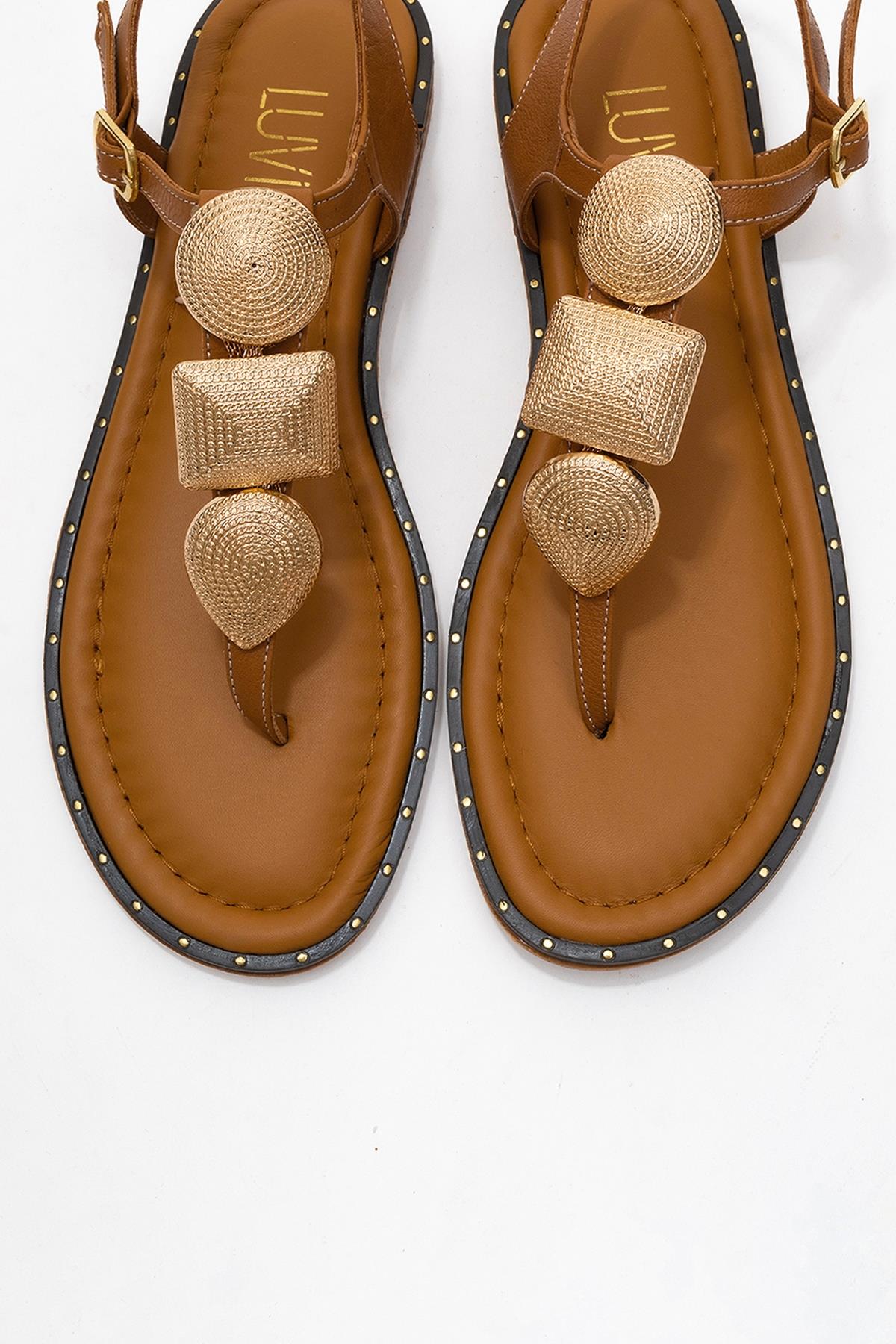 Giulia - Cognac Brown Leather Flat Sandal – side view showing leather, gold, Vowalisse