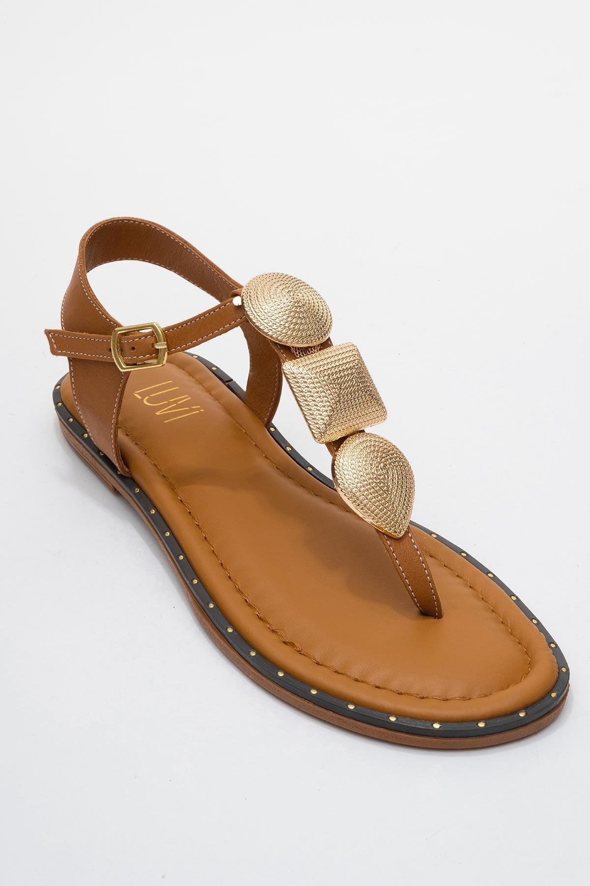 Giulia - Cognac Brown Leather Flat Sandal – detail view showing leather, gold, Vowalisse