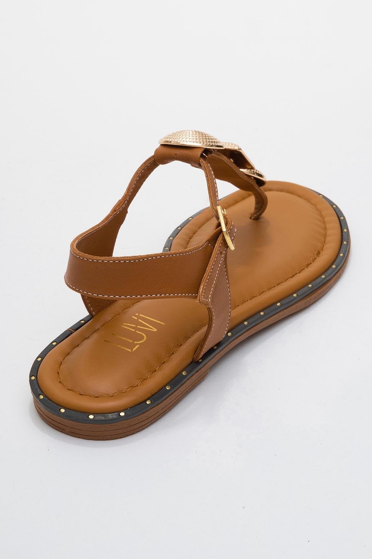 Giulia - Cognac Brown Leather Flat Sandal – back view showing leather, gold, Vowalisse