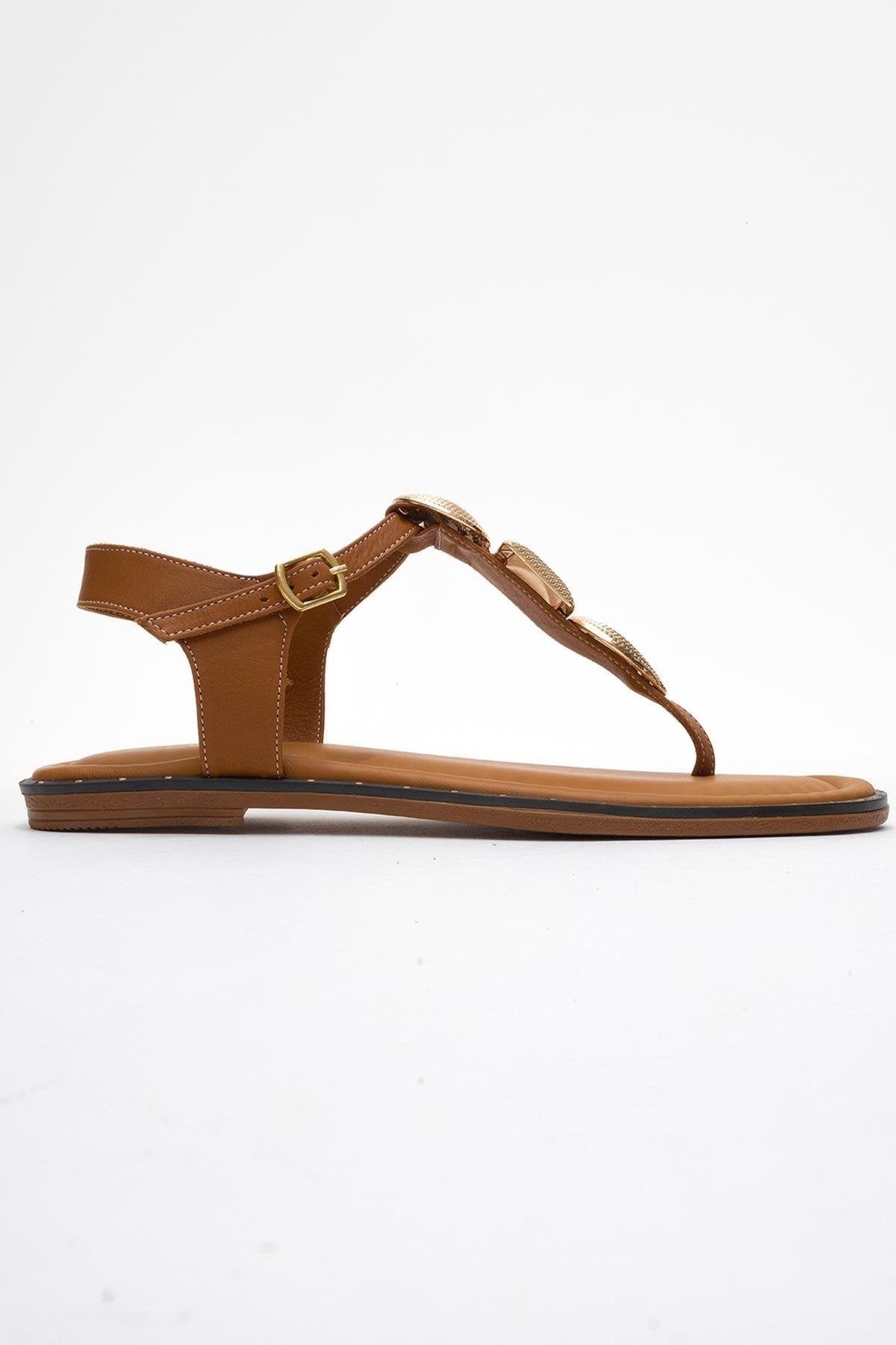 Giulia - Cognac Brown Leather Flat Sandal – top view showing leather, gold, Vowalisse
