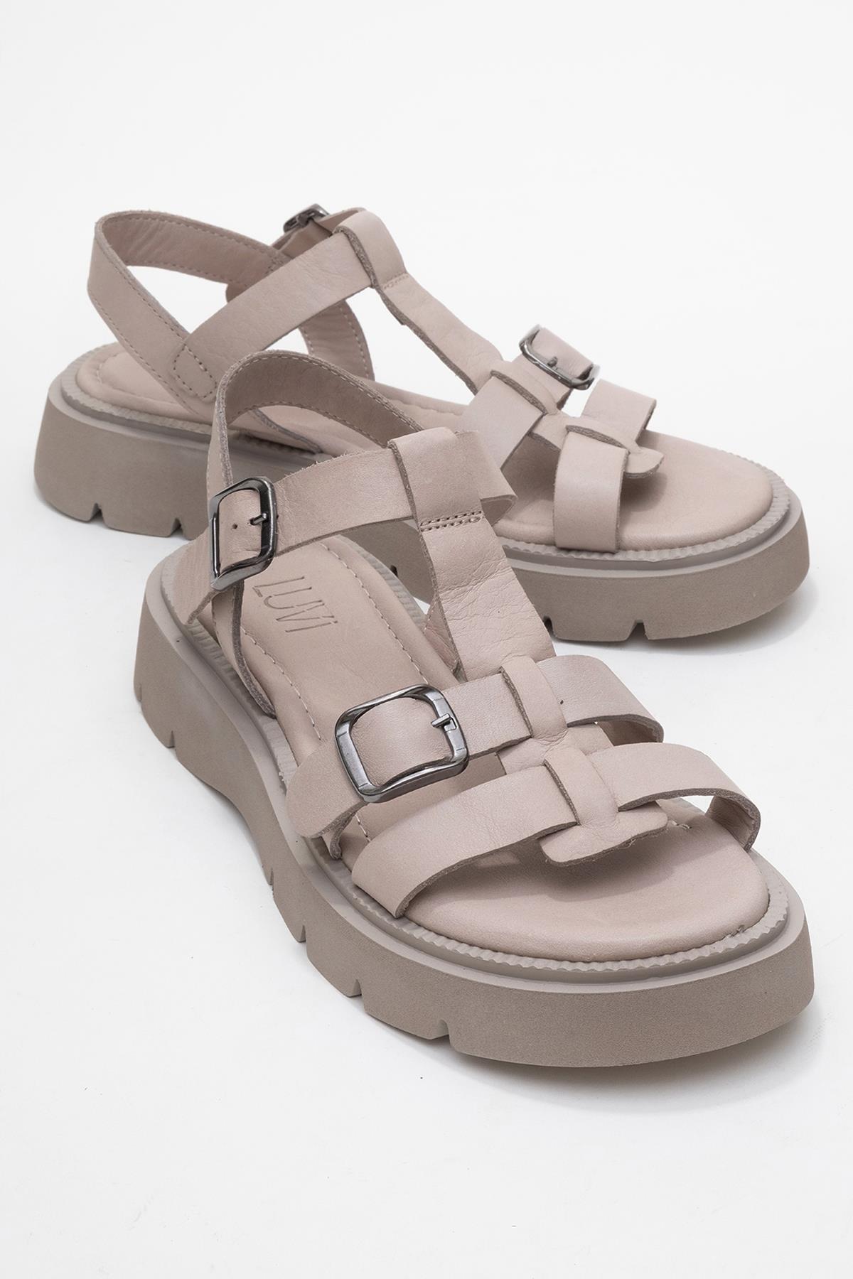 Melvin - Taupe Genuine Leather Sandal – front three-quarter view showing leather, Vowalisse