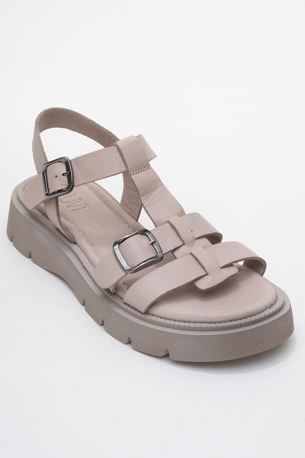 Melvin - Taupe Genuine Leather Sandal – detail view showing leather, Vowalisse