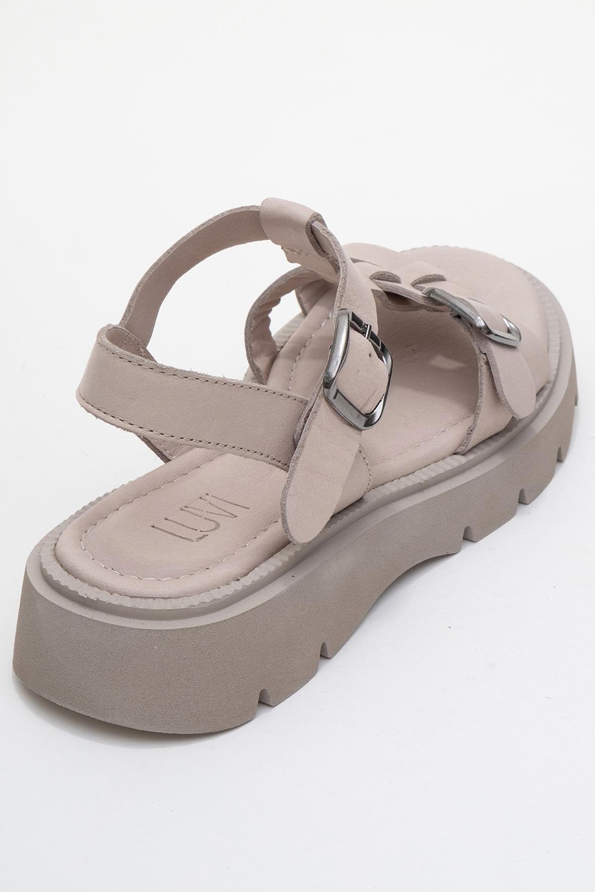 Melvin - Taupe Genuine Leather Sandal – back view showing leather, Vowalisse