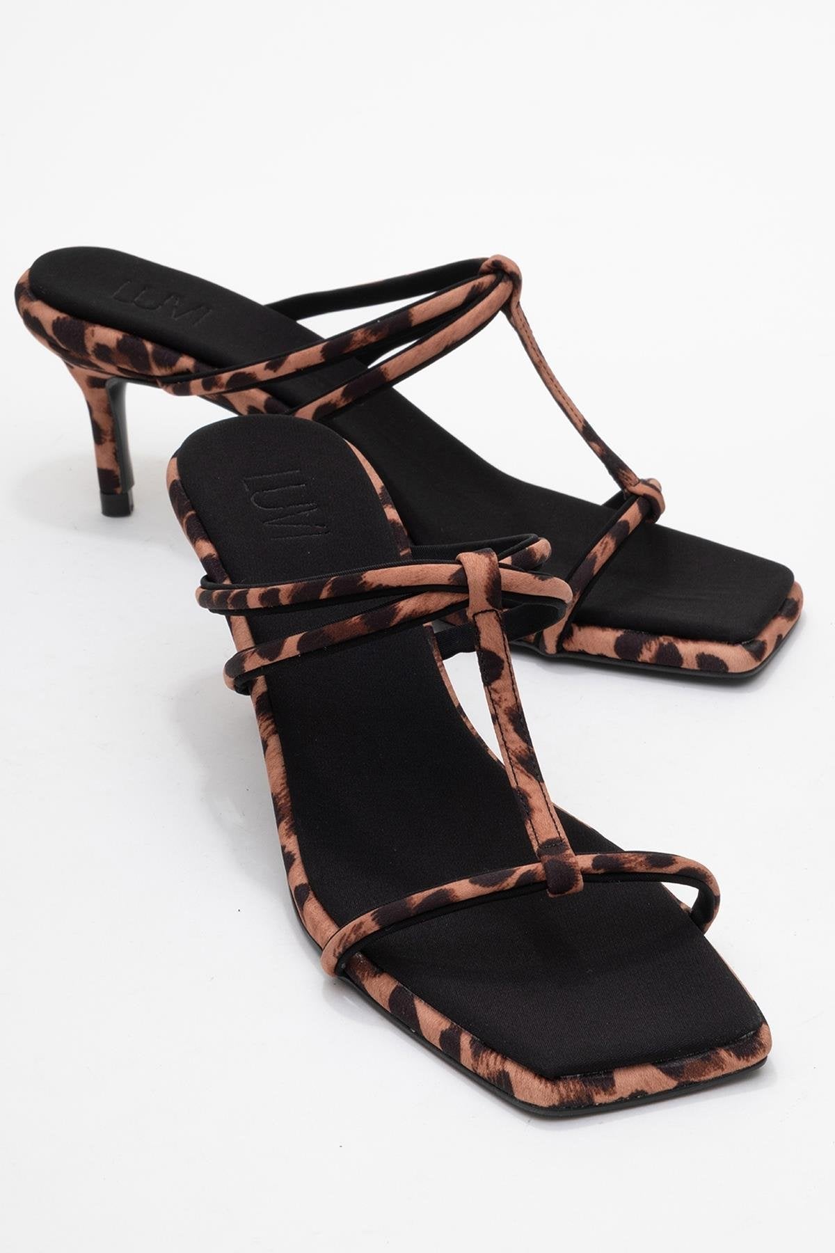 Mocha - Black/Yellow Printed Square-Toe Thin-Strap Heeled Mule – front three-quarter view showing black, Vowalisse