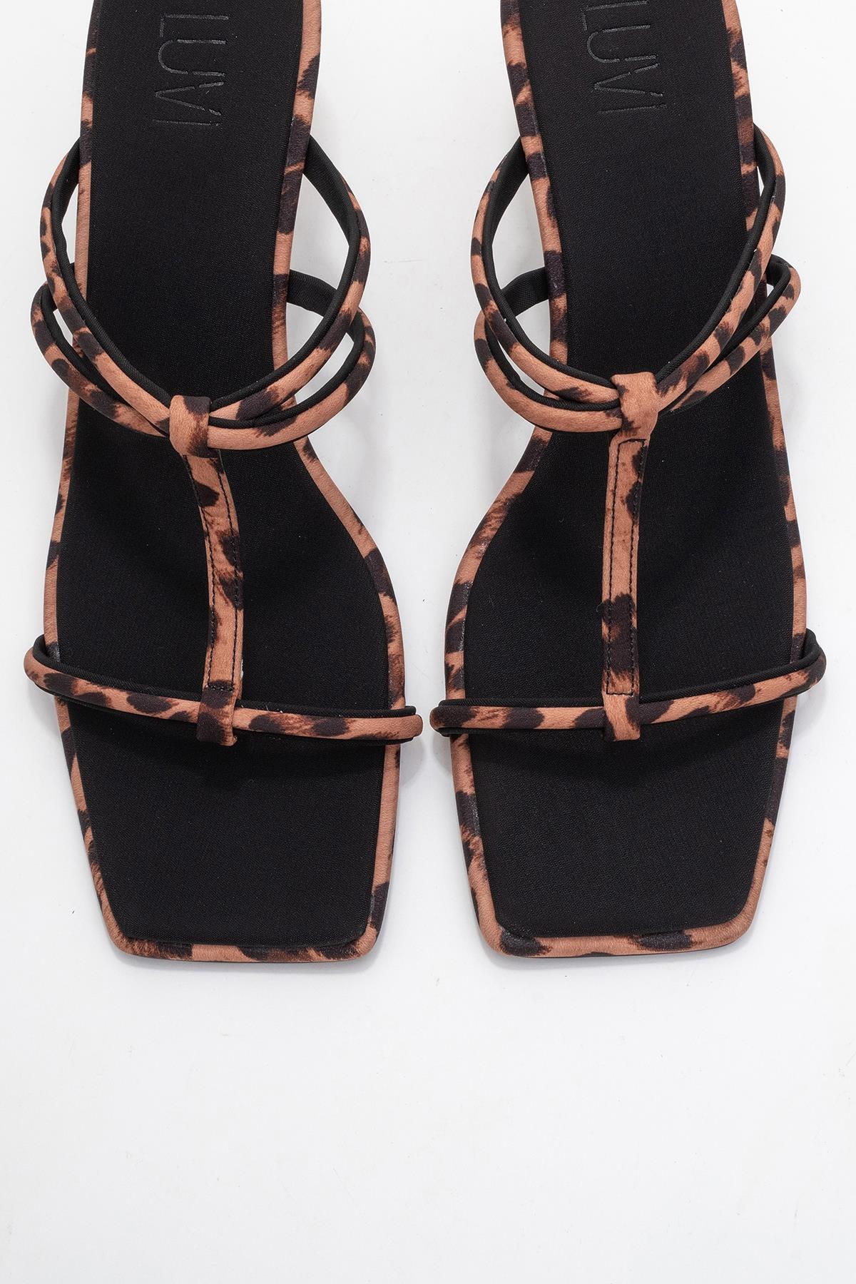 Mocha - Black/Yellow Printed Square-Toe Thin-Strap Heeled Mule – side view showing black, Vowalisse