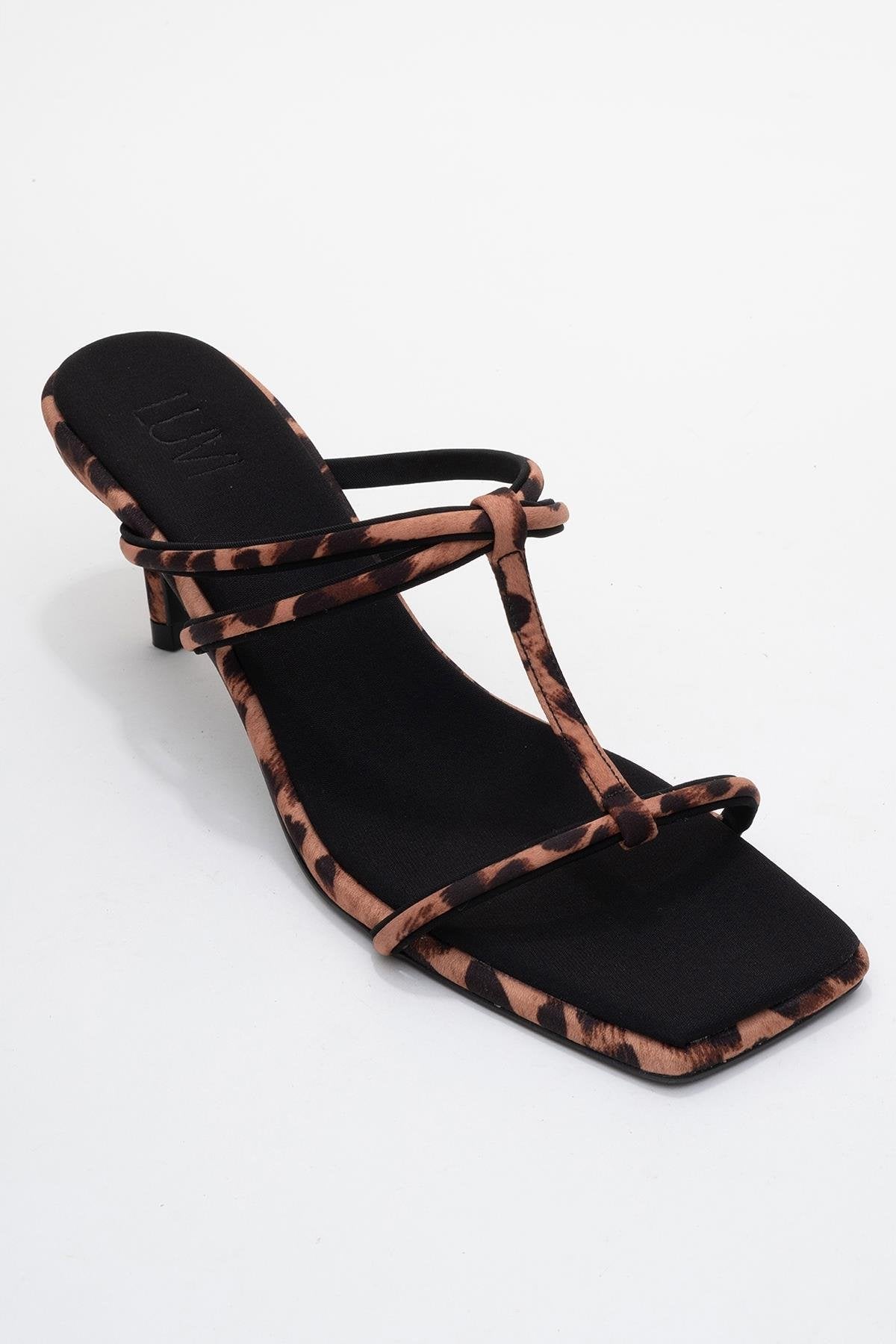 Mocha - Black/Yellow Printed Square-Toe Thin-Strap Heeled Mule – detail view showing black, Vowalisse