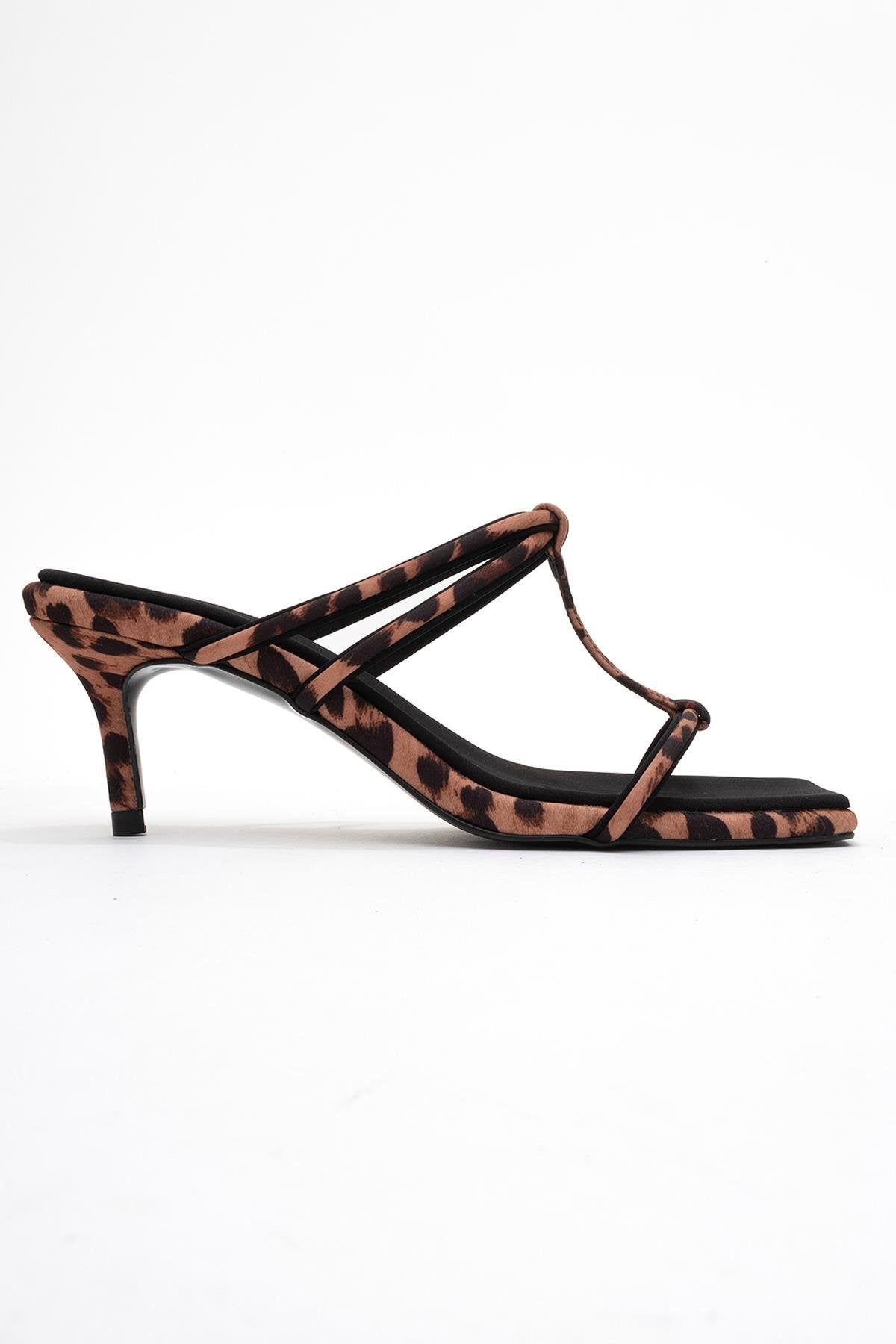 Mocha - Black/Yellow Printed Square-Toe Thin-Strap Heeled Mule – top view showing black, Vowalisse