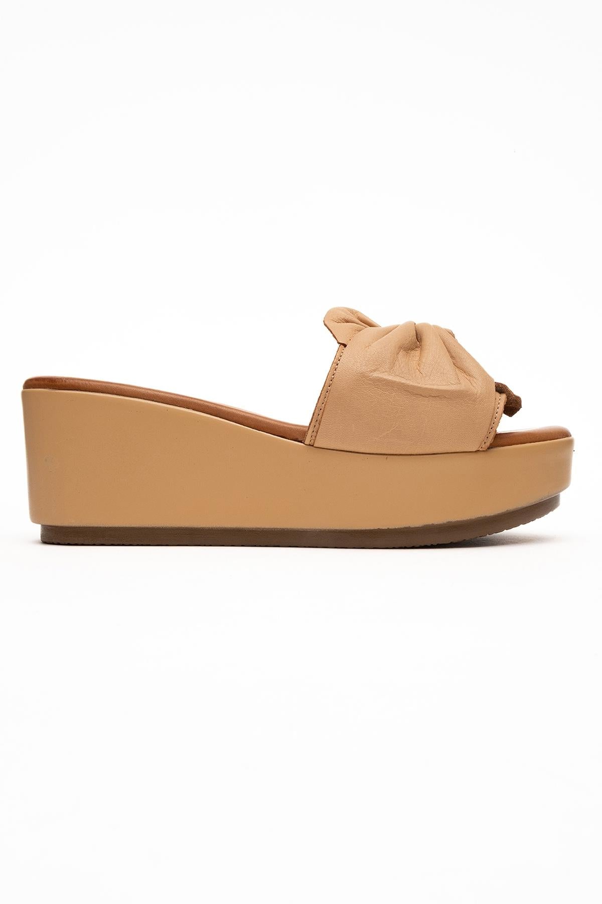 Syndra - Dark Beige Bow Wedge Leather Sandal – top view showing bow, leather, Vowalisse