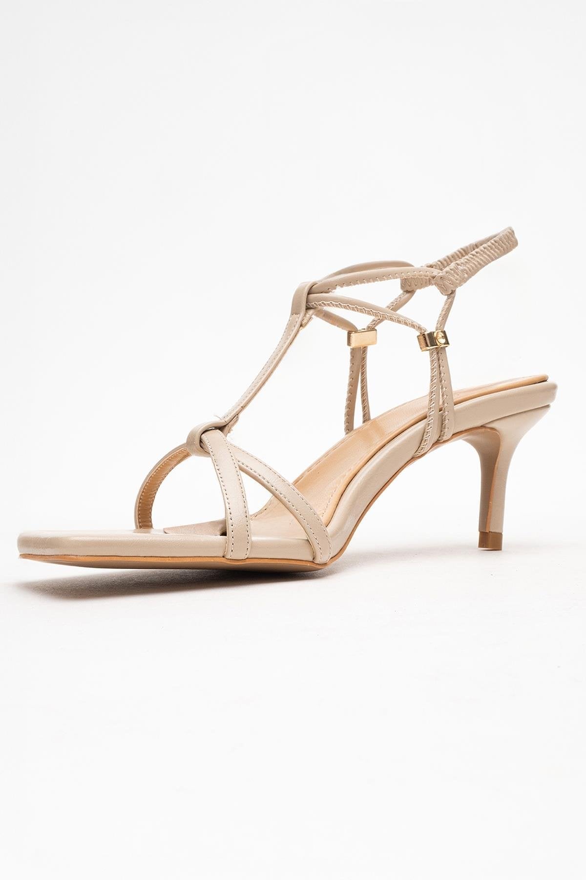 Gibson - Beige Square-Toe Heeled Sandal – heel view showing leather, Vowalisse