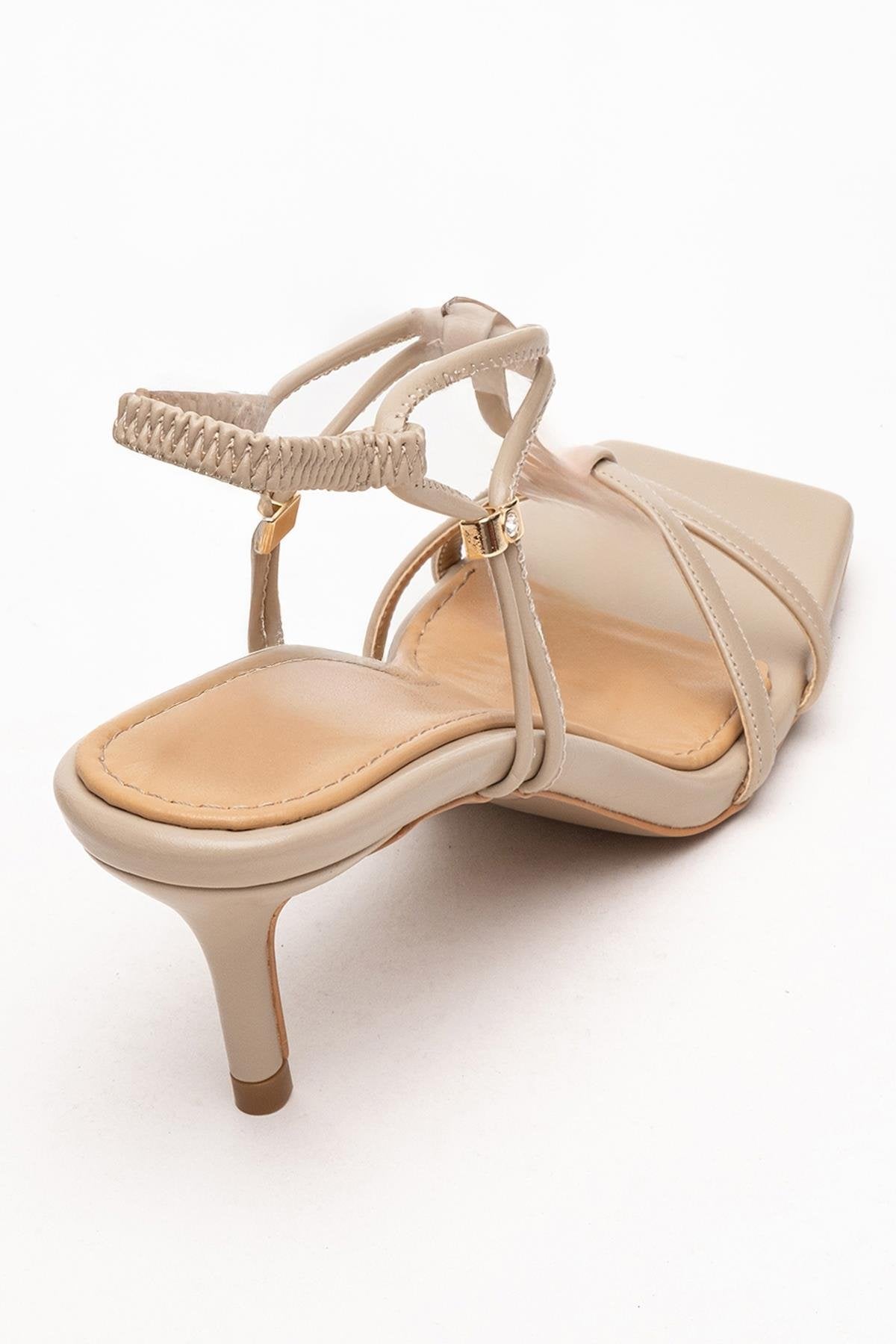 Gibson - Beige Square-Toe Heeled Sandal – back view showing leather, Vowalisse