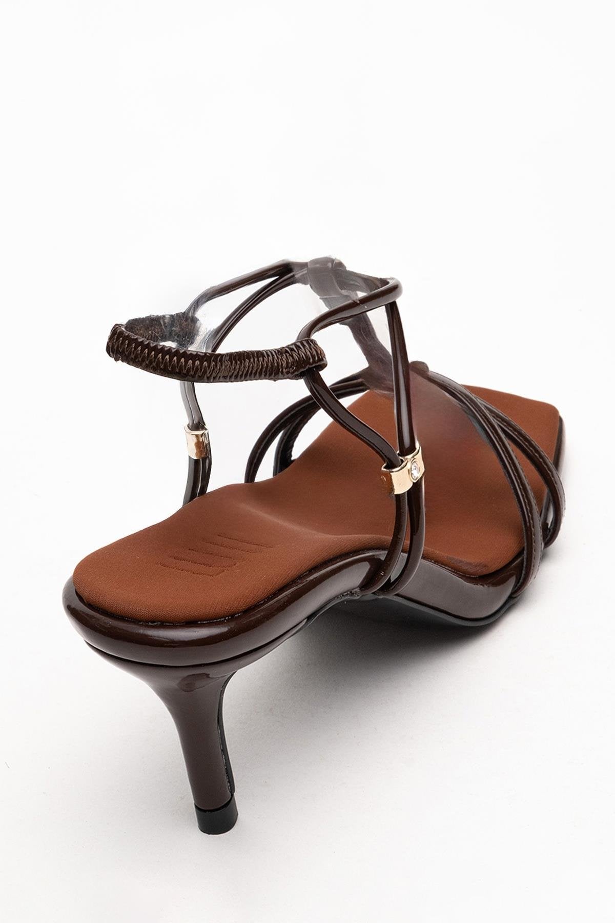 Gibson - Brown Patent Square-Toe Heeled Sandal – back view showing leather, Vowalisse