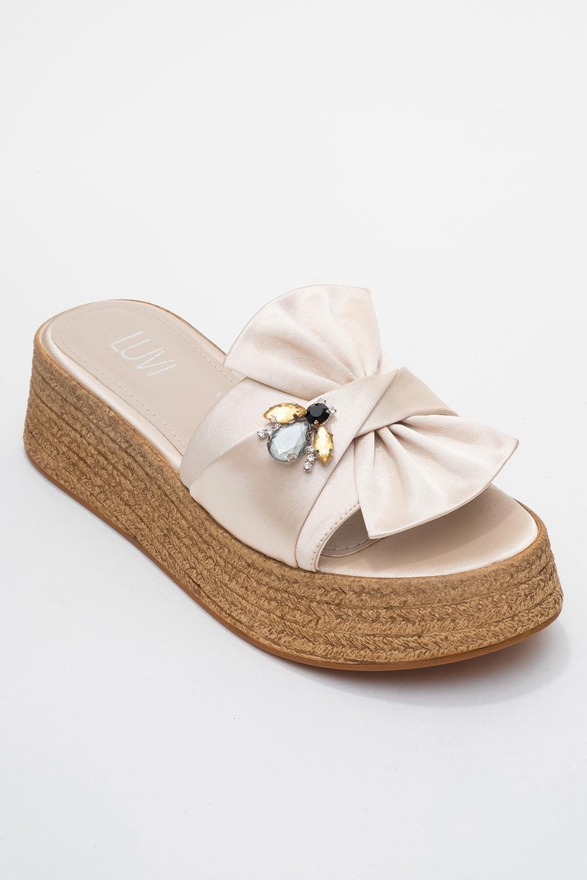 Shara Beige Satin Bow & Bee Buckle Platform Sandal – detail view showing bow, satin, leather, Vowalisse