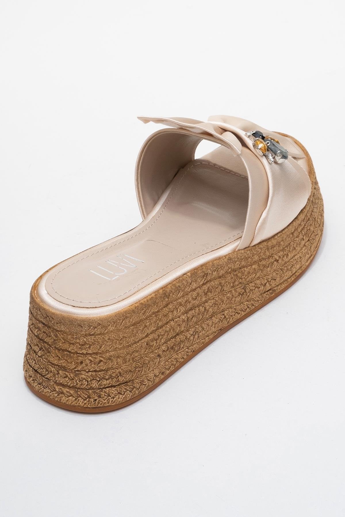 Shara Beige Satin Bow & Bee Buckle Platform Sandal – back view showing bow, satin, leather, Vowalisse
