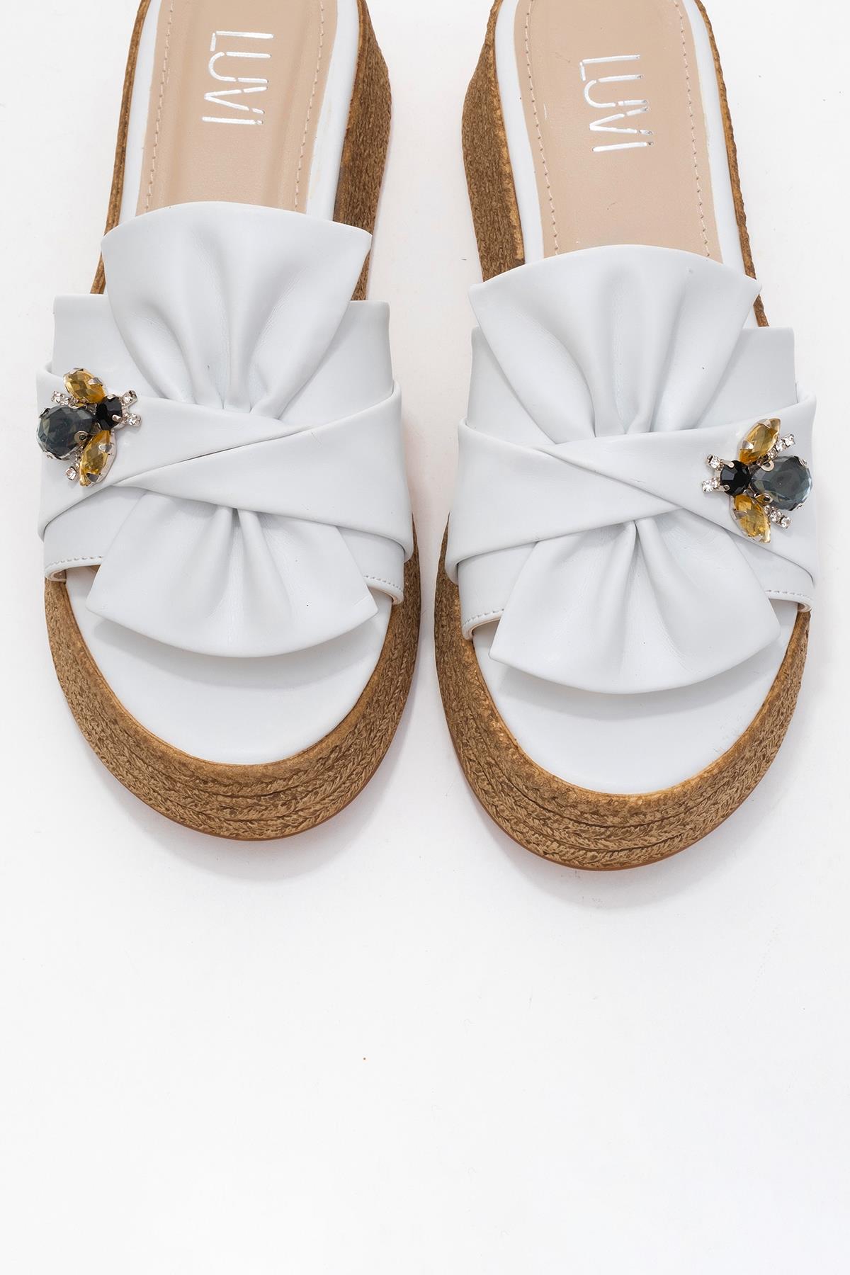 Shara White Bow & Bee Buckle Platform Sandal – side view showing bow, leather, white, Vowalisse