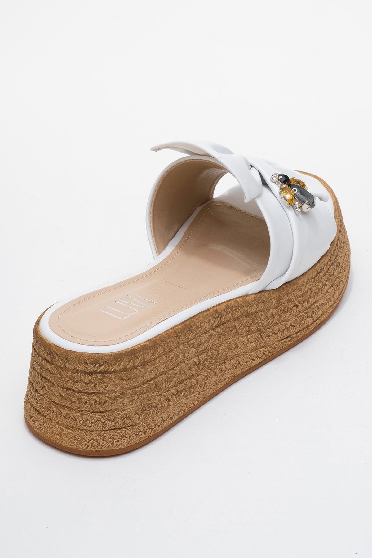 Shara White Bow & Bee Buckle Platform Sandal – back view showing bow, leather, white, Vowalisse
