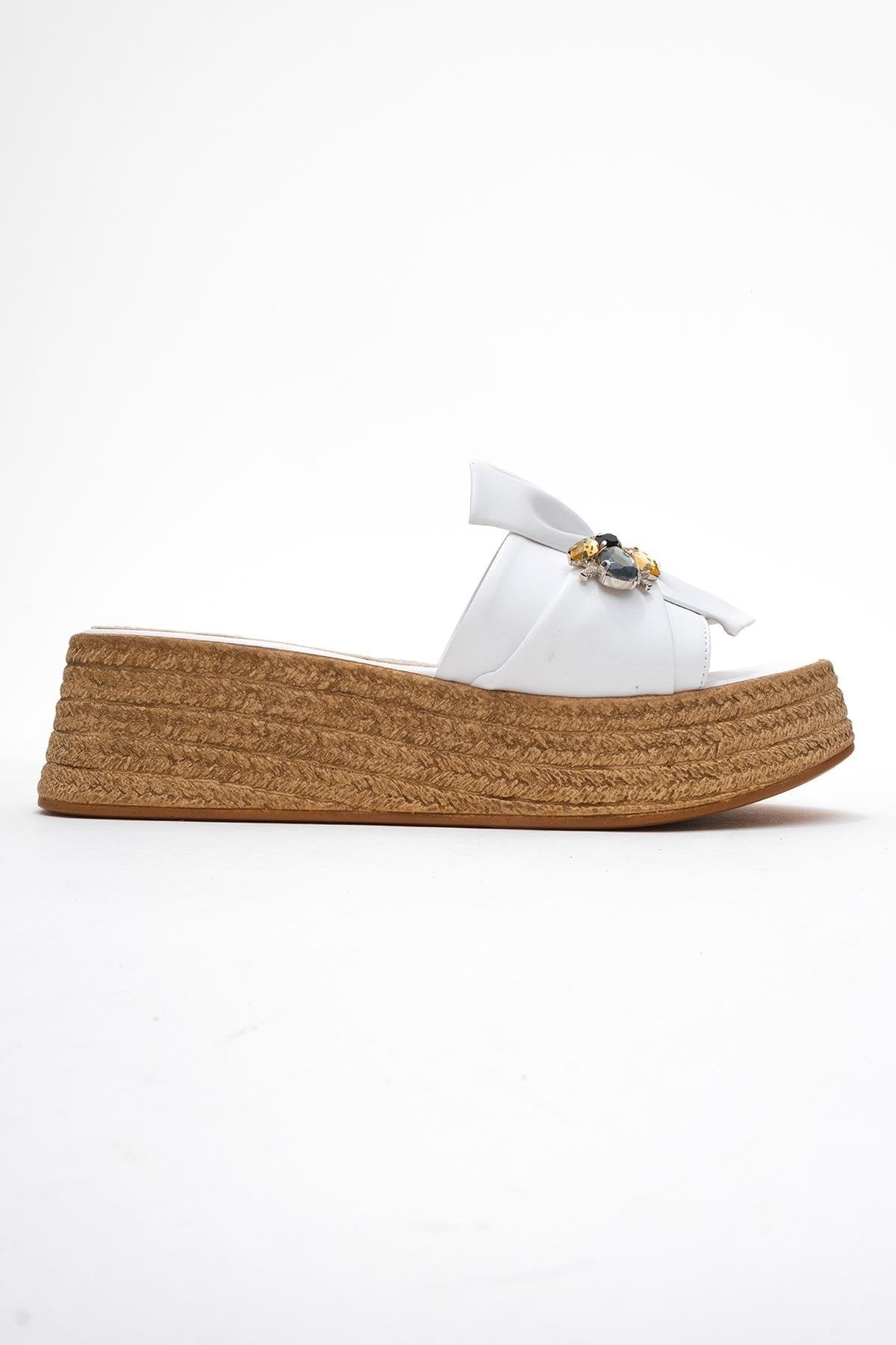 Shara White Bow & Bee Buckle Platform Sandal – top view showing bow, leather, white, Vowalisse