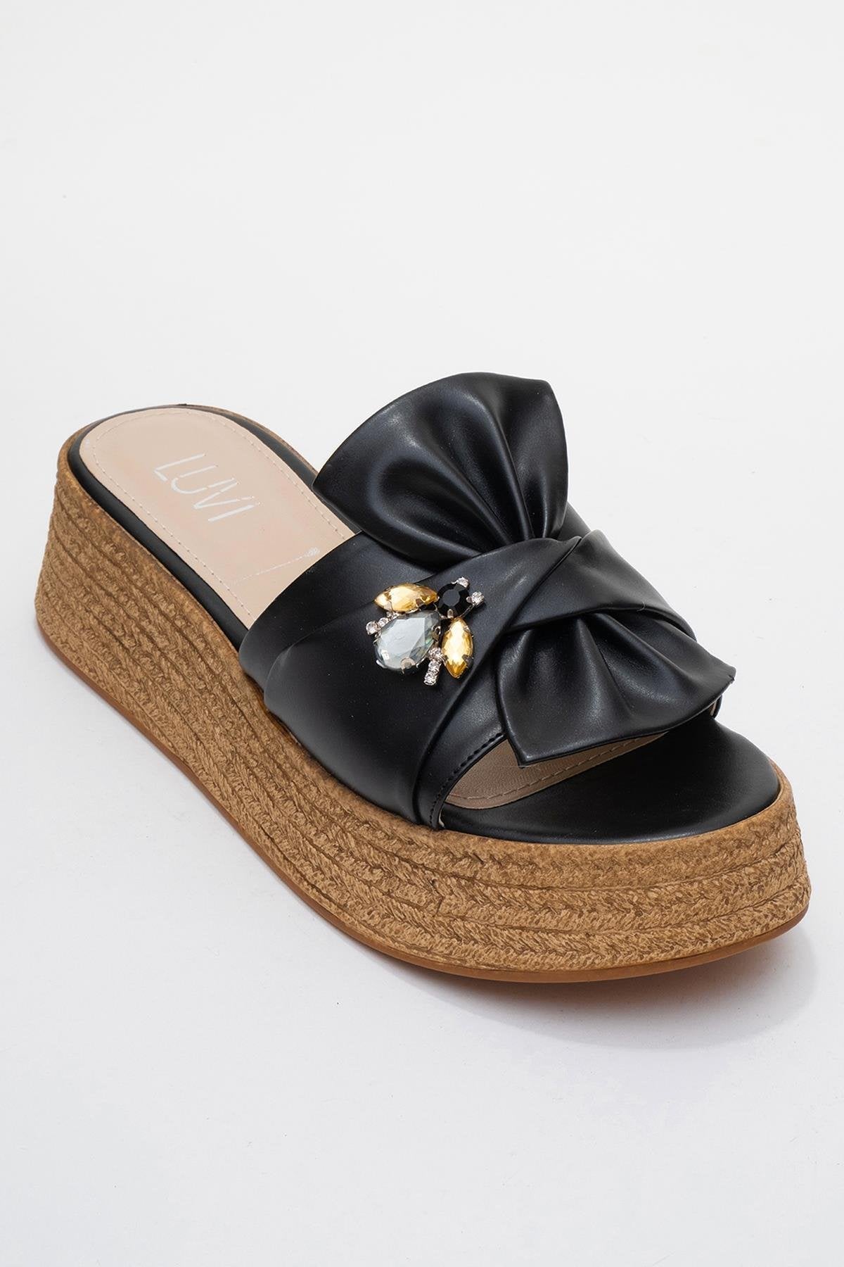 Shara Black Bow & Bee Buckle Platform Sandal – detail view showing bow, leather, black, Vowalisse