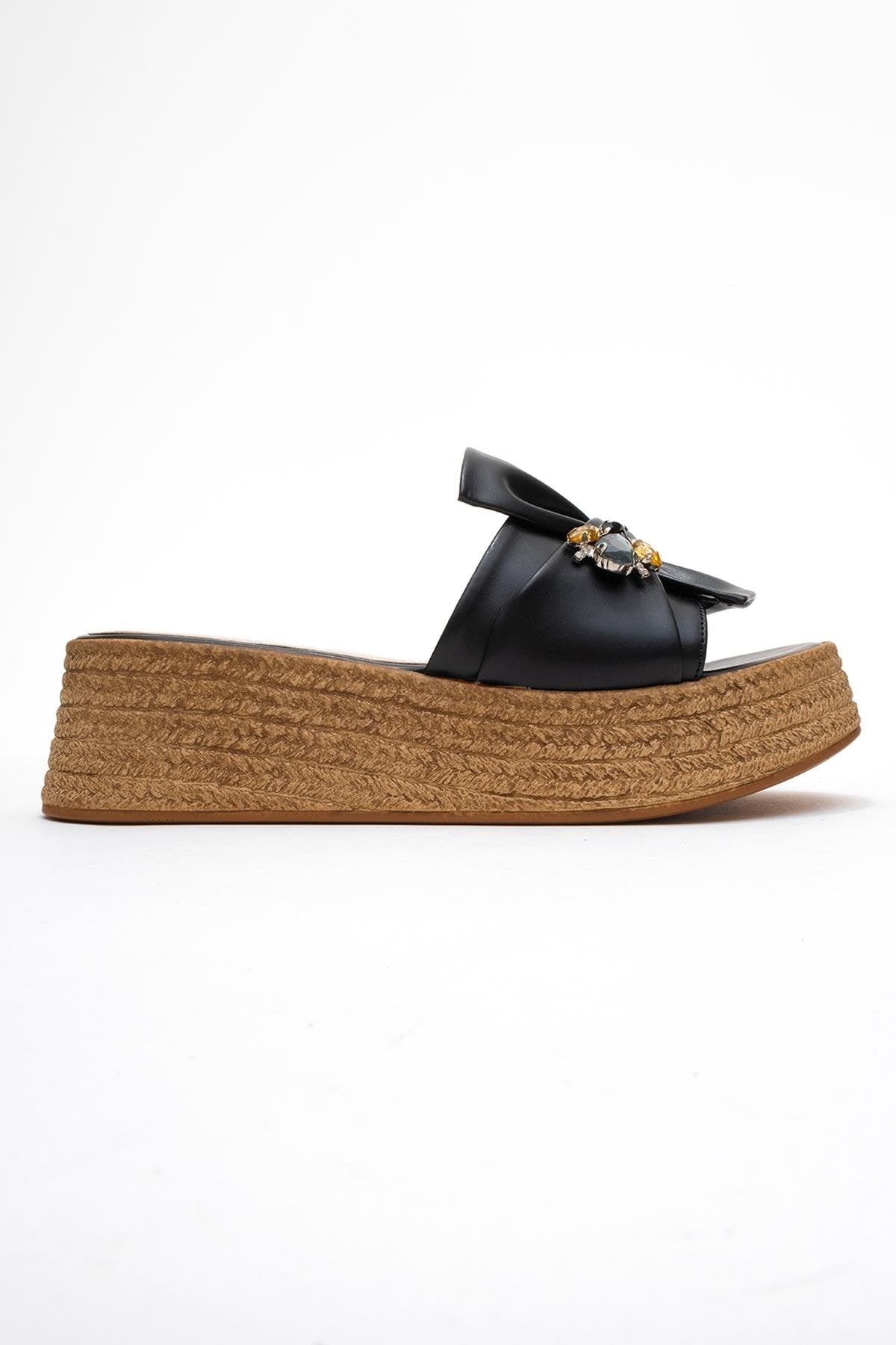 Shara Black Bow & Bee Buckle Platform Sandal – top view showing bow, leather, black, Vowalisse