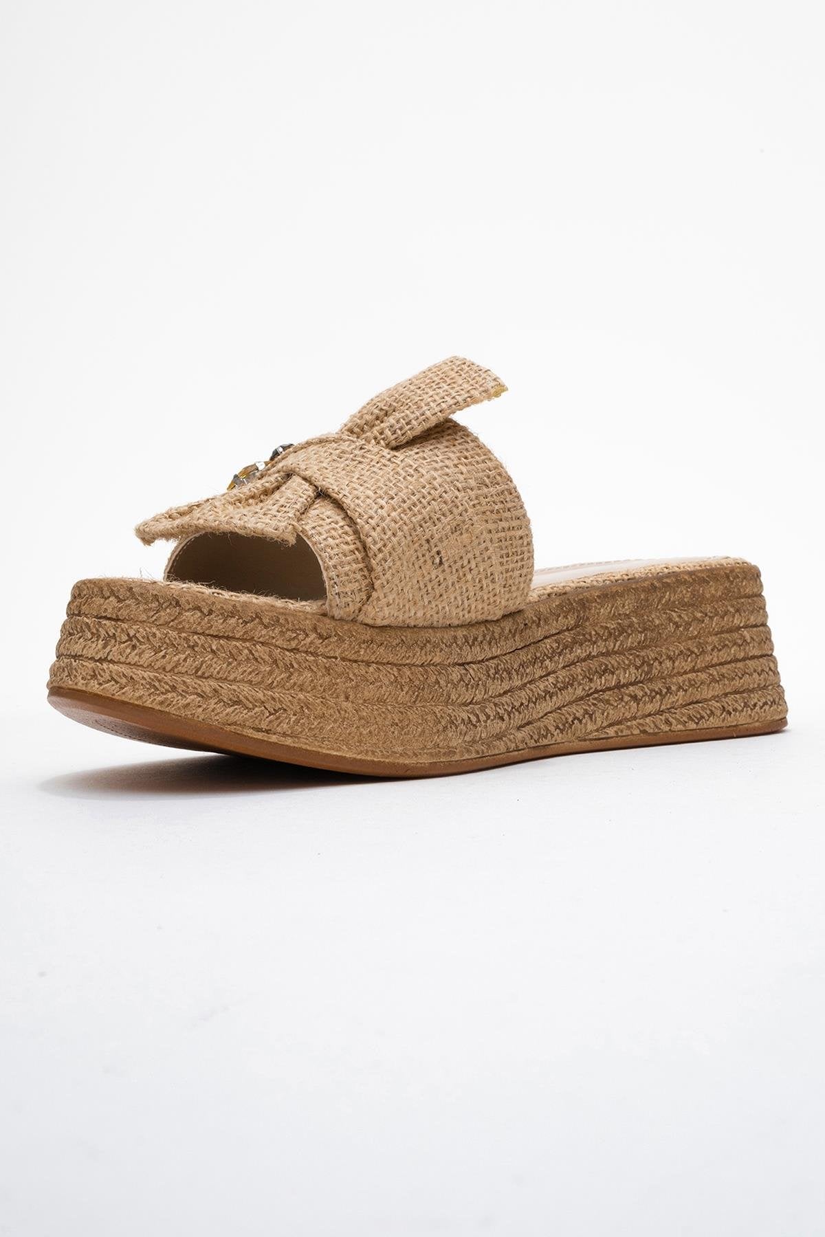 Shara Beige Braided Bow & Bee Buckle Platform Sandal – heel view showing bow, leather, red, Vowalisse