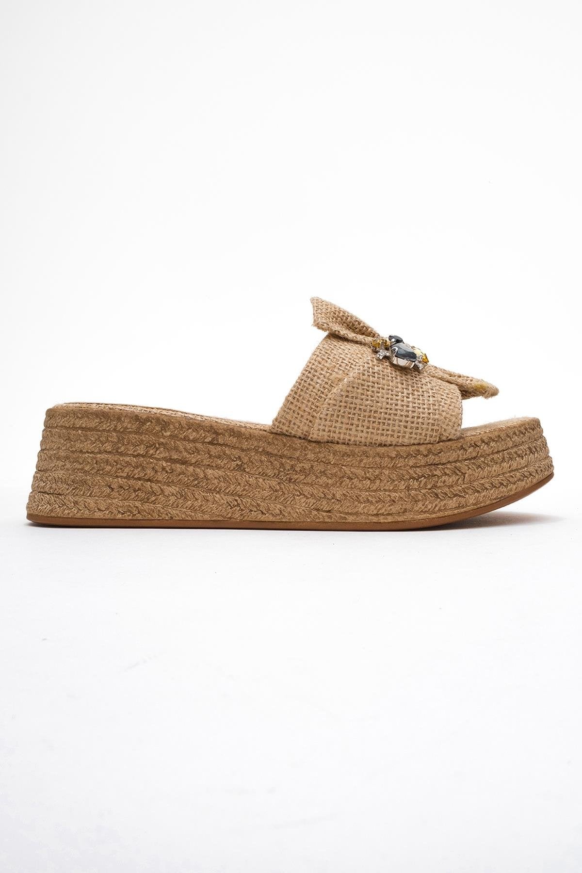 Shara Beige Braided Bow & Bee Buckle Platform Sandal – top view showing bow, leather, red, Vowalisse