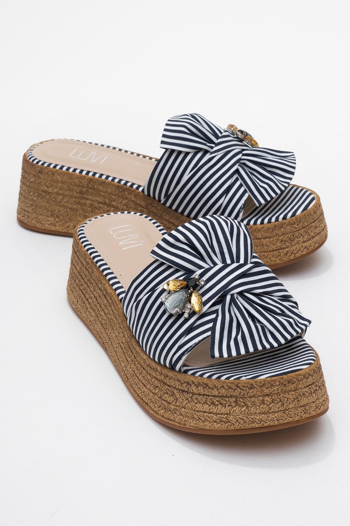 Shara Navy & White Striped Bow & Bee Buckle Platform Sandal – front three-quarter view showing bow, leather, white…